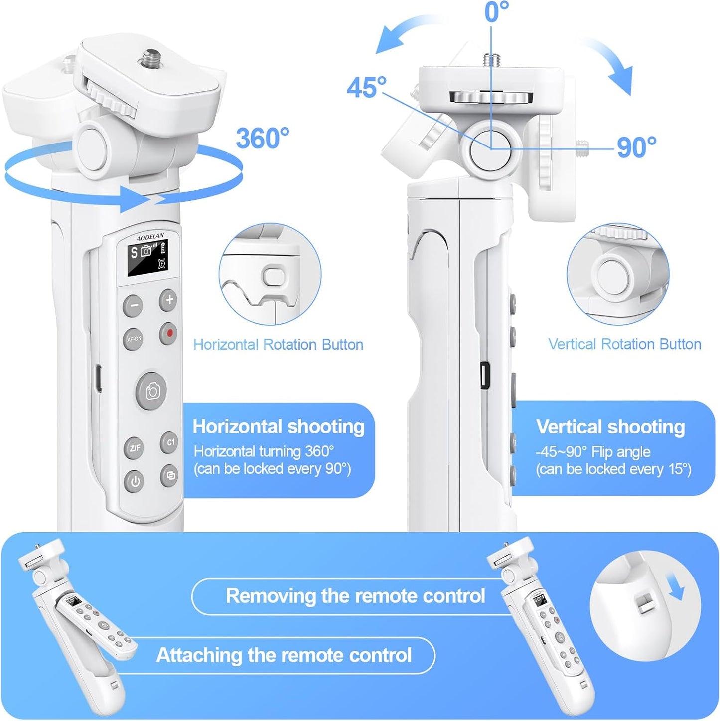 AODELAN for Sony Camera Tripod with Rechargeable Wireless Shutter Release,Shooting Grip Remote Control Handle for ZV-E10,ZV-1F,ZV-1,A7C,A7III,A7R IV,A6100,A6400,A6700,FX30,A9 II,DSC-RX0 II(White)
