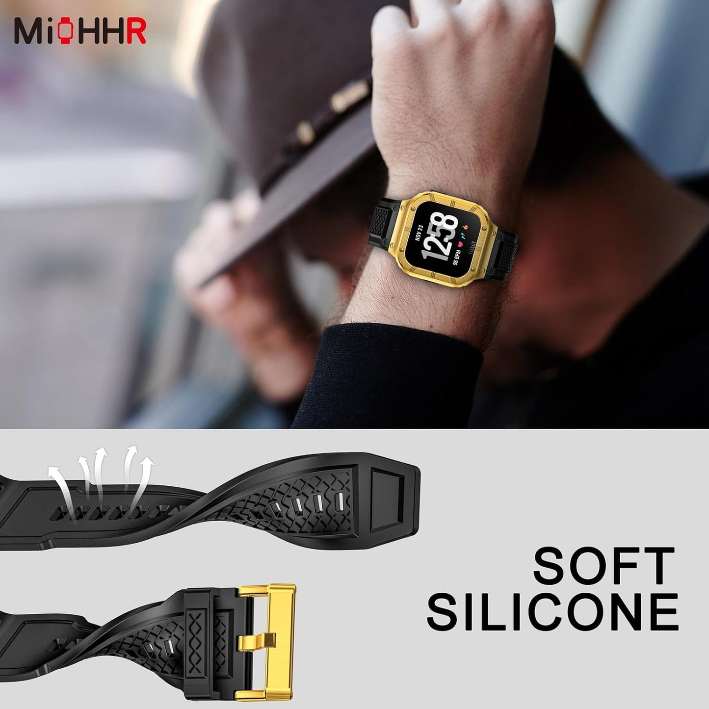 MioHHR Stainless Steel Case and Band Compatible with Fitbit Versa 4/3/2/Lite/Sense/Sense 2 Bands with Metal Case, Rugged Sports Protector Cover Silicone Wristbands for Men, Gold