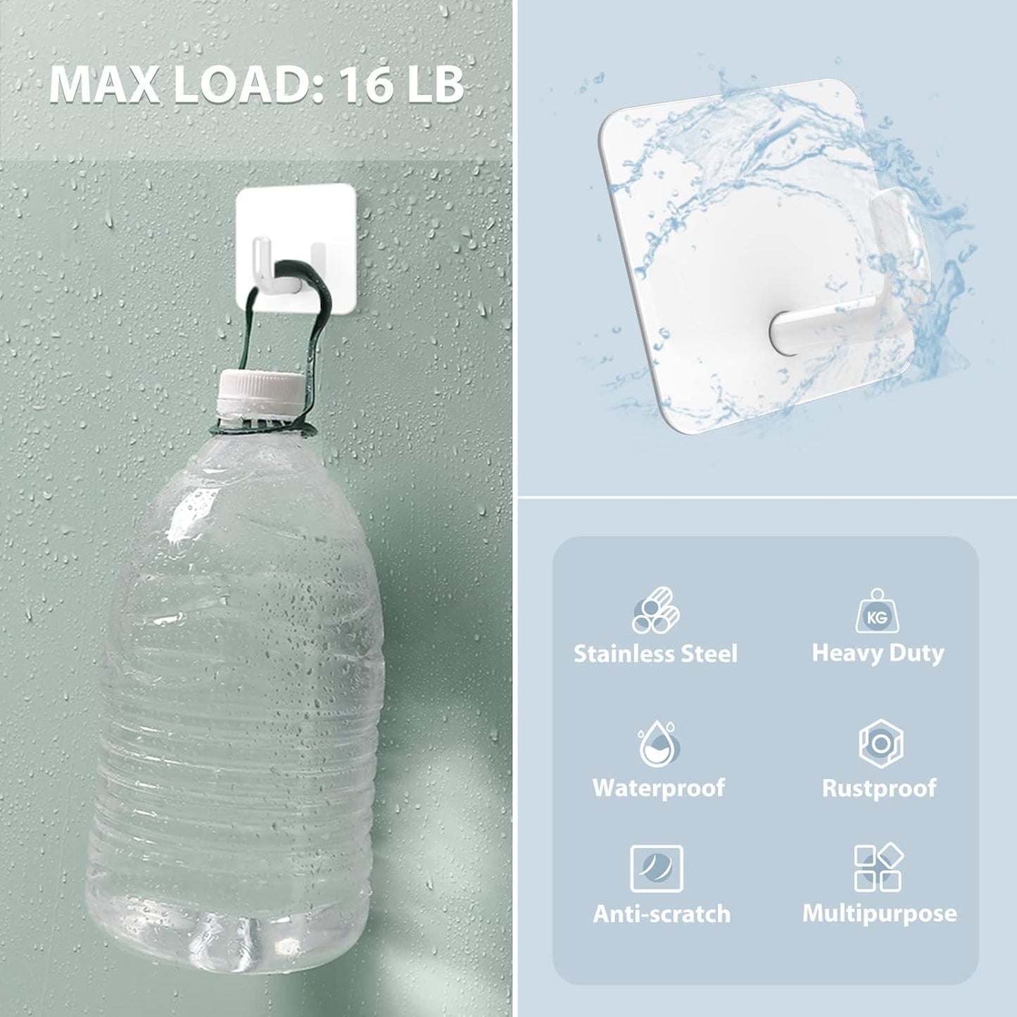 VIS'V Adhesive Hooks, Metal Shower Wall Stick on Hooks, Waterproof, 2 Extra Adhesive Strips, White, 4 Pcs