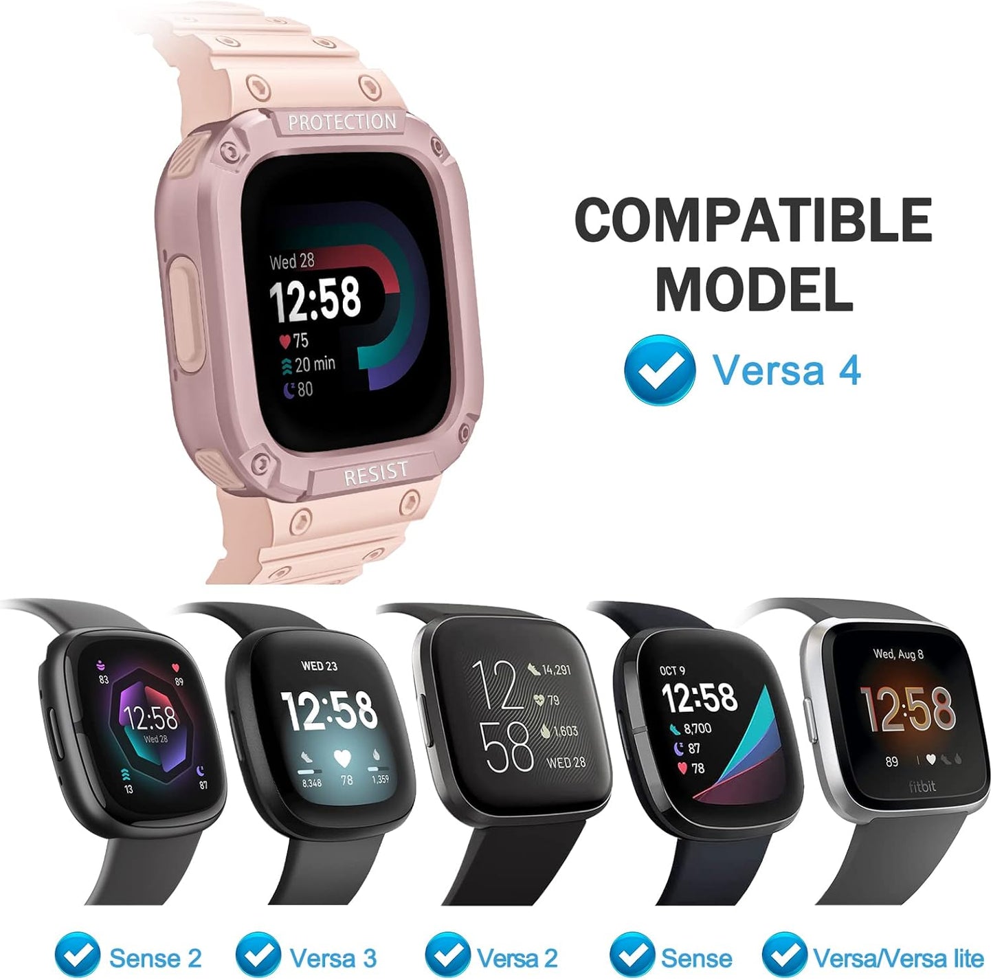 FINTIE Bands with Case Compatible with Fitbit Versa 4/3/2/1/Versa Lite/Fitbit Sense 2/Sense, Protective Case Strap Rugged Sport Band Men, Pink Sand