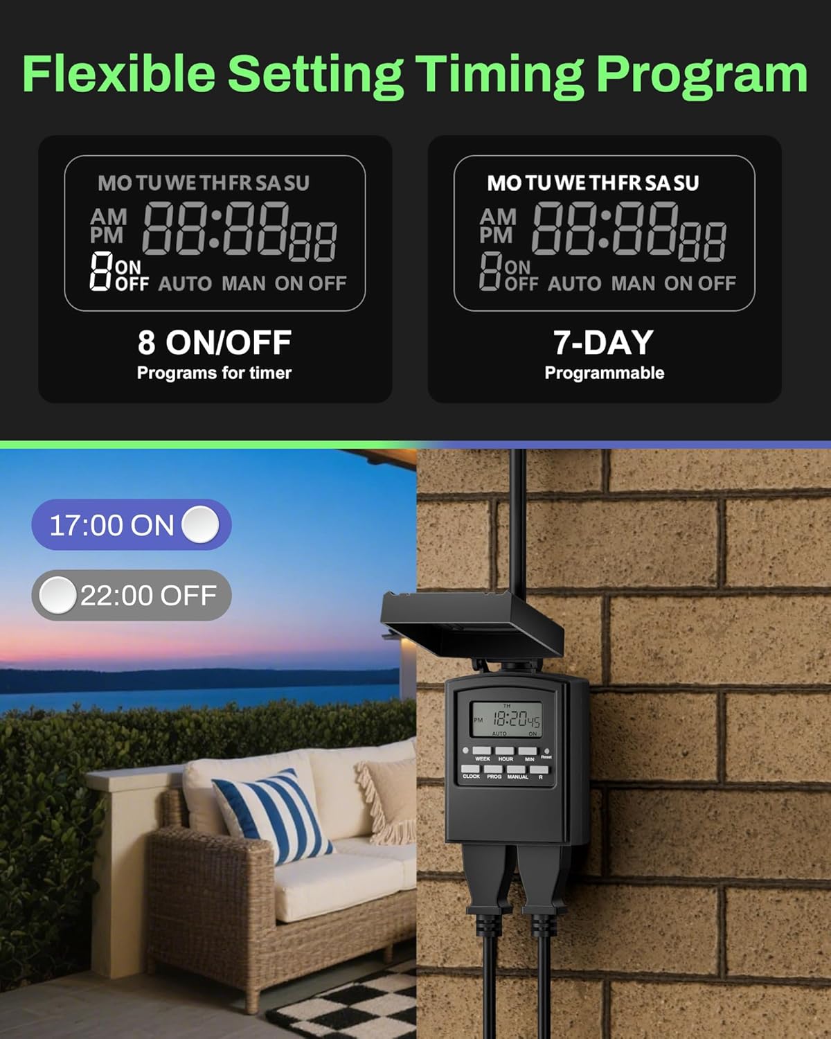 BN-LINK 7 Day Outdoor Heavy Duty Digital Programmable Timer, Outdoor Timer Outlet Waterproof, 2 Grounded Electrical Outlets for Christmas Lights, 15A 1/2HP,ETL Listed