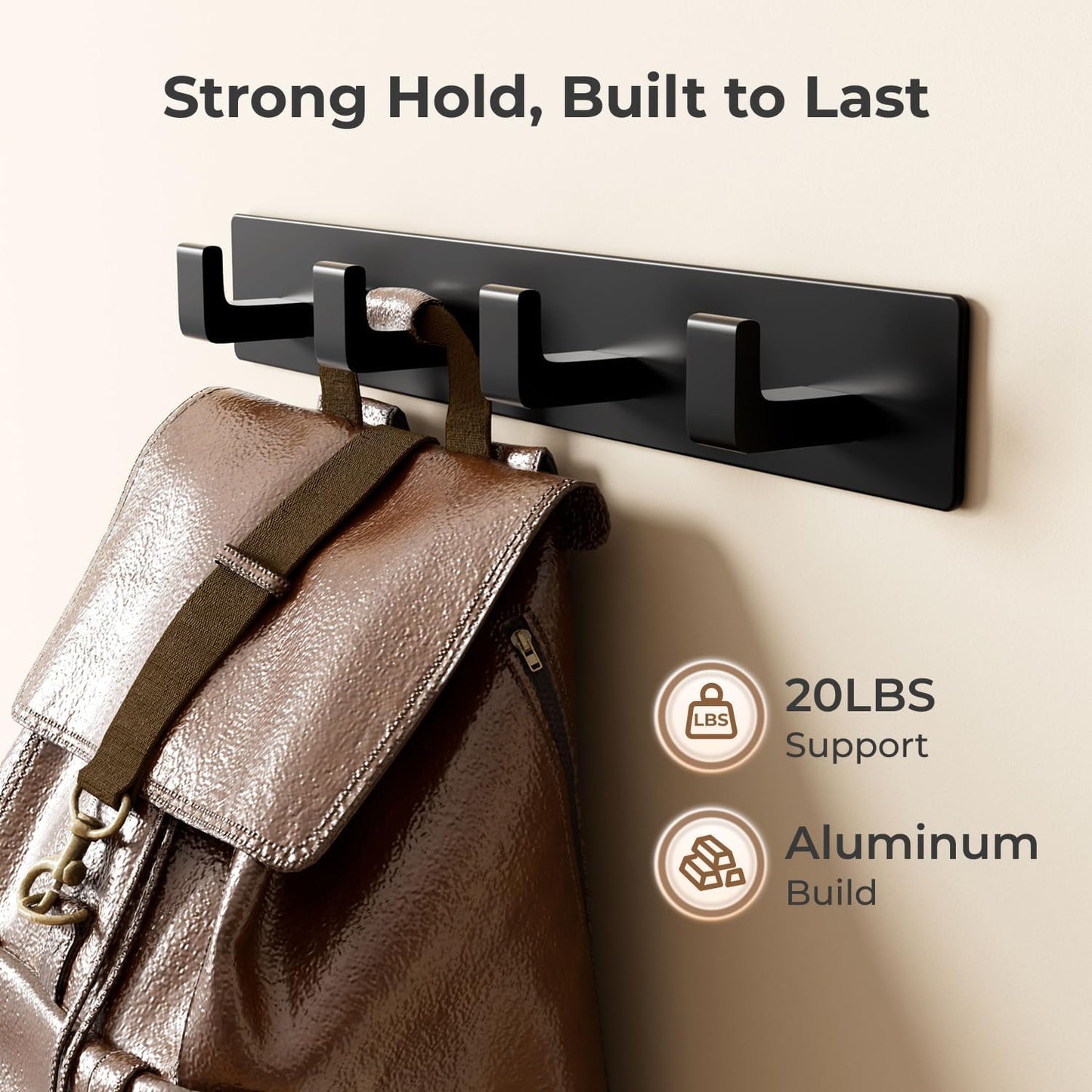 Black Wall Mounted Coat Rack- 2 Modular Rails (25'' Total), 8 Right-Angle Hooks, Modern Organizer for Entryway, Bathroom, Bedroom, Holds Coats, Towels, Hats