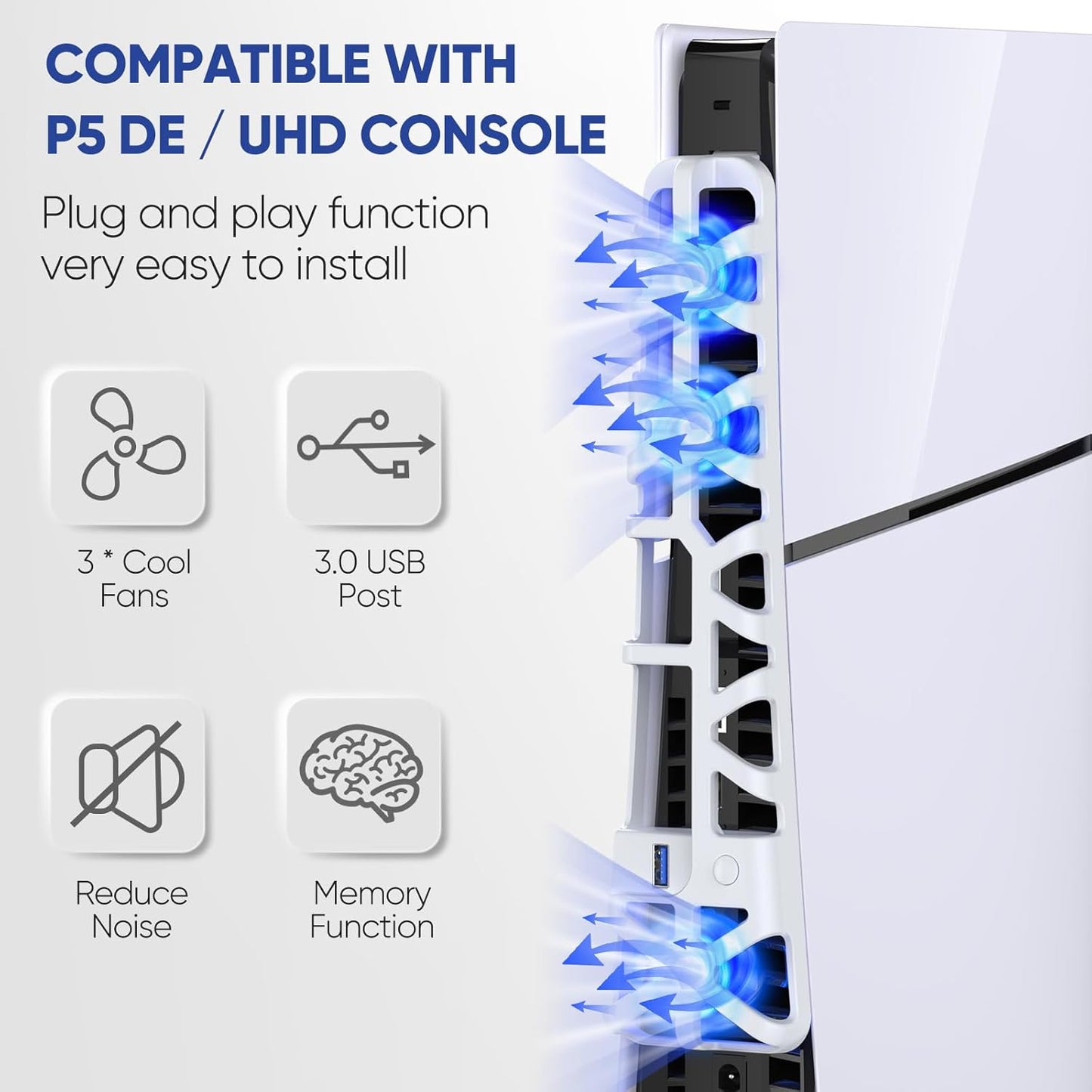 PS5 Slim Cooling Fan with Adjustable Speed - 3 Mode Speeds, Low Noise, Auto Power On/Off, with USB 3.0 Port, LED Light, Efficient Cooling System for PS5 Disc and Digital