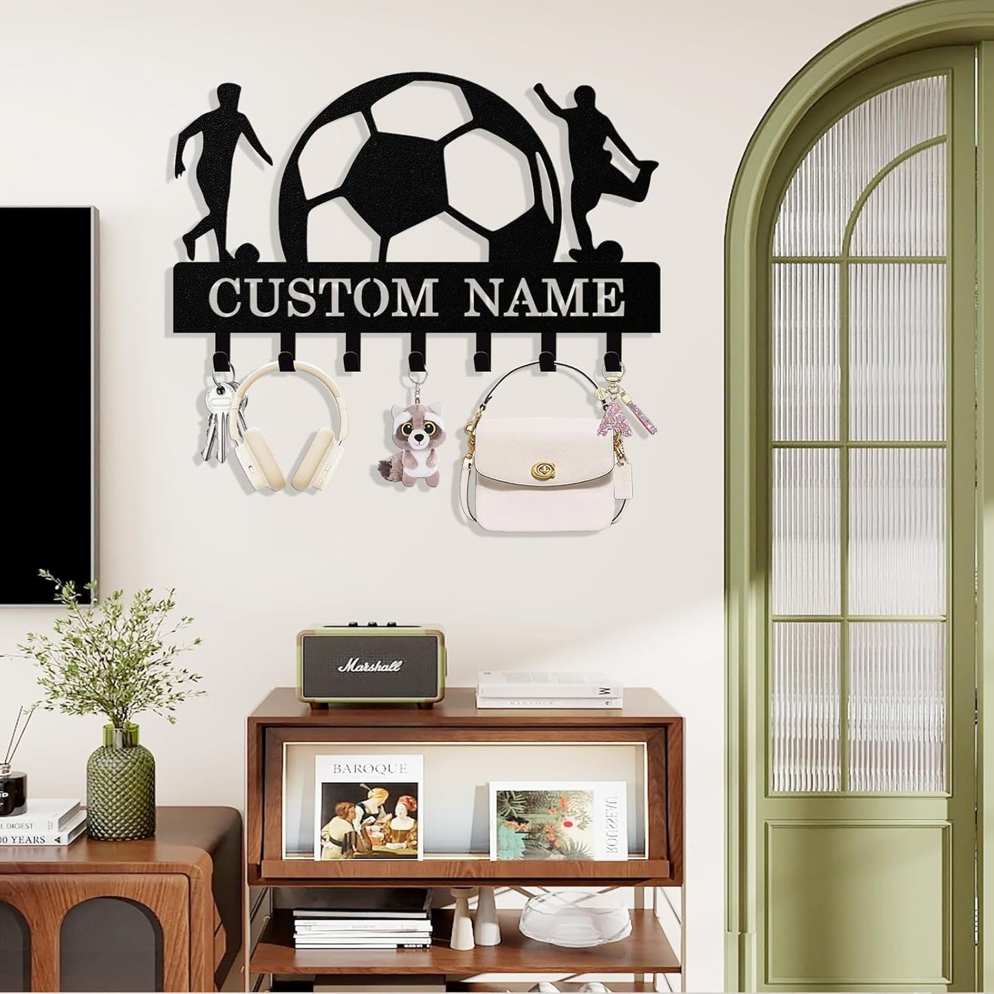 Personalized Football Key Holder Wall Mount, Custom Metal Key Rack Key Holder with Name, Deer Cabin Wall Keys Hanger with Hooks for Entryway, Front Door, Hallway, Kitchen, Living Room