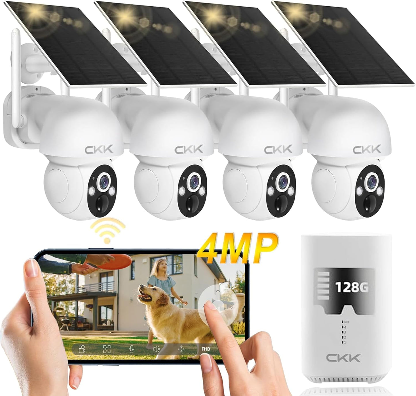 4MP PTZ Solar Security Camera Outdoor, 4pcs Wireless Security Camera System with 128GB Card, Pan/Tilt/Zoom, PIR Detection, 2-Way Audio, Audible Flashlight Alarm, IP66 Waterproof, Two Ways of Storage
