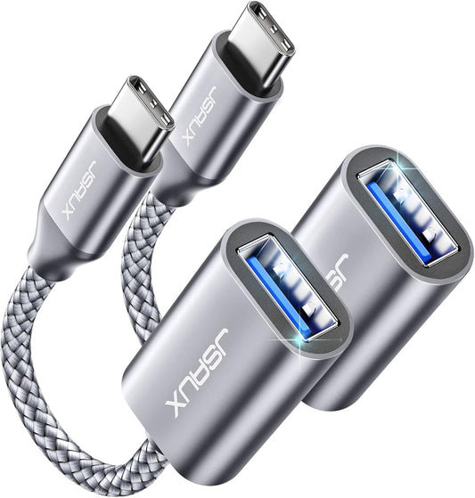 JSAUX USB C to USB Adapter [2 Pack], USB Type C Male to USB 3.0 Female OTG Cable Thunderbolt3 to USB Adapter Compatible with MacBook Pro/Air 2019 2018 2017, Galaxy S23 S23+ Ultra Note 10 S9 S8-Silver