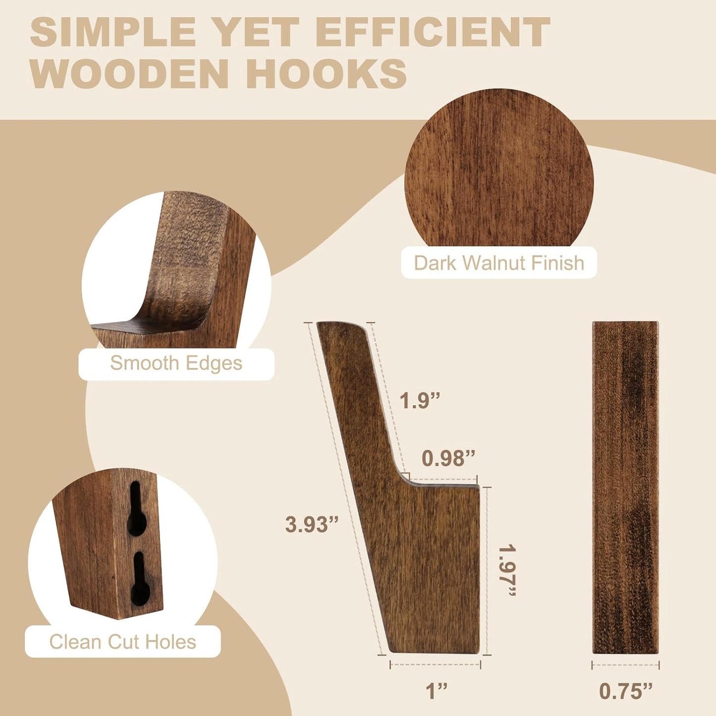 VIS'V Walnut Wall Hooks, Wall Mount Wooden Coat Hooks for Entryway Cubicle, Brown, 4 Pcs