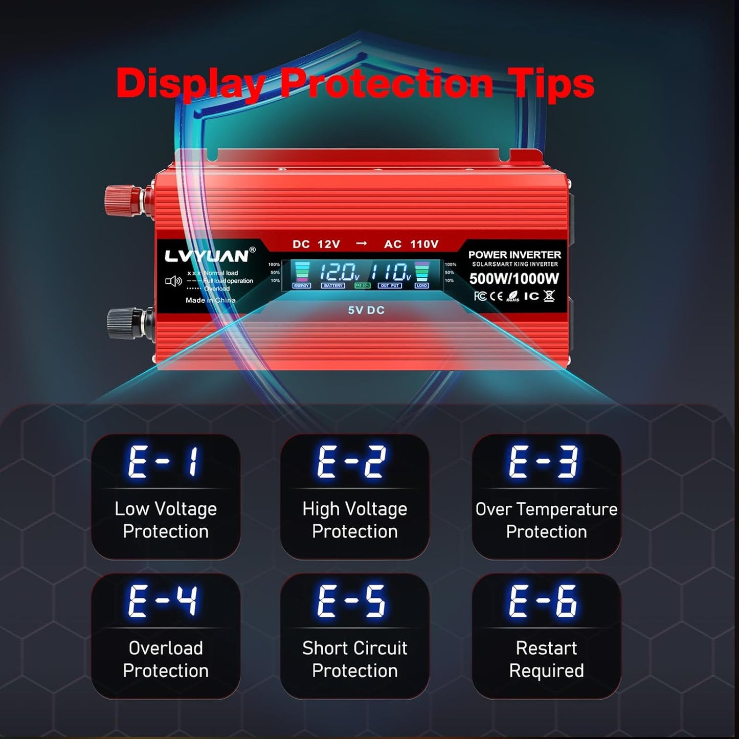 LVYUAN 500W Car Power Inverter 12V to 110V DC to AC with 2 US Sockets, Cigarette Lighter, LCD Display, USB Ports for Car, Home,Outdoor, Camping