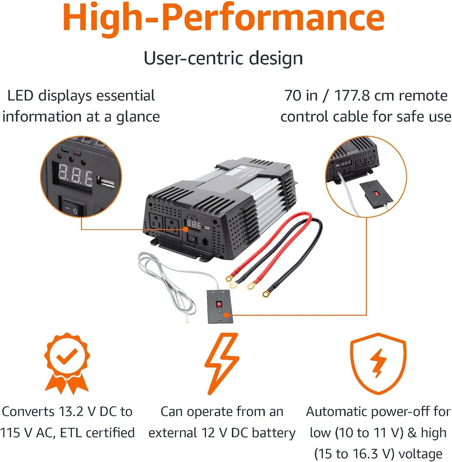 Amazon Basics 1000W Car Power Inverter - 12V to AC 110V, 13.81 x 7.44 x 3.07 inches