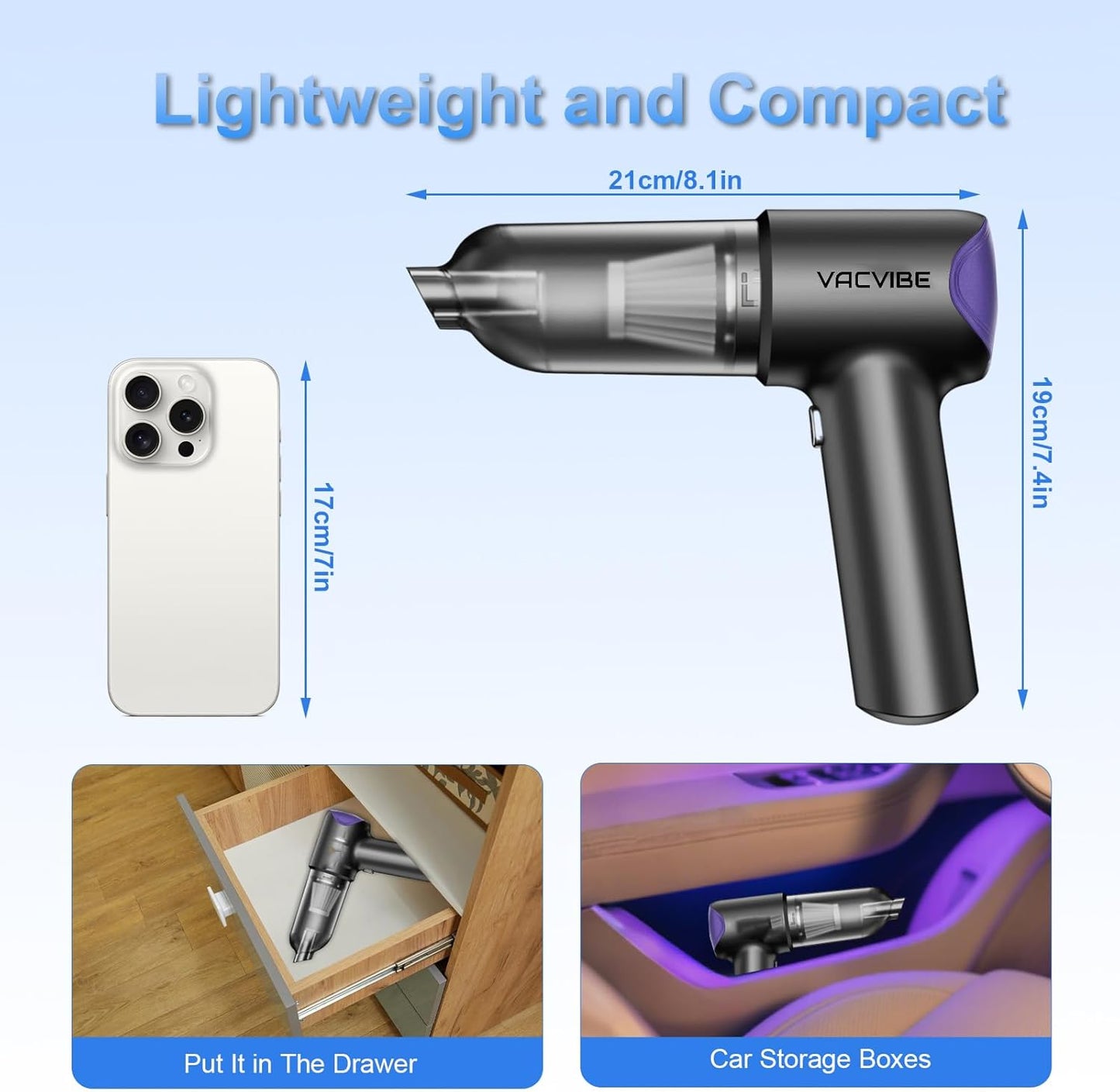 Car Vacuum Portable Cordless, 21000PA 4 in 1 Suck/Blow/Pump/Charger 120W Handheld Car Vacuum Cleaner and Air Duster, Brushless Motor Multi-Nozzles for Home Office Grey