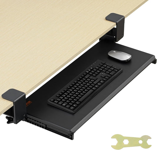 VEVOR Clamp on Keyboard Tray Under Desk, Desk Keyboard Tray Slide Out with Sturdy No-Drill C Clamp Mount, Large 26.8 x 11 inch Slide-Out Computer Drawer for Typing in Home, Office Work