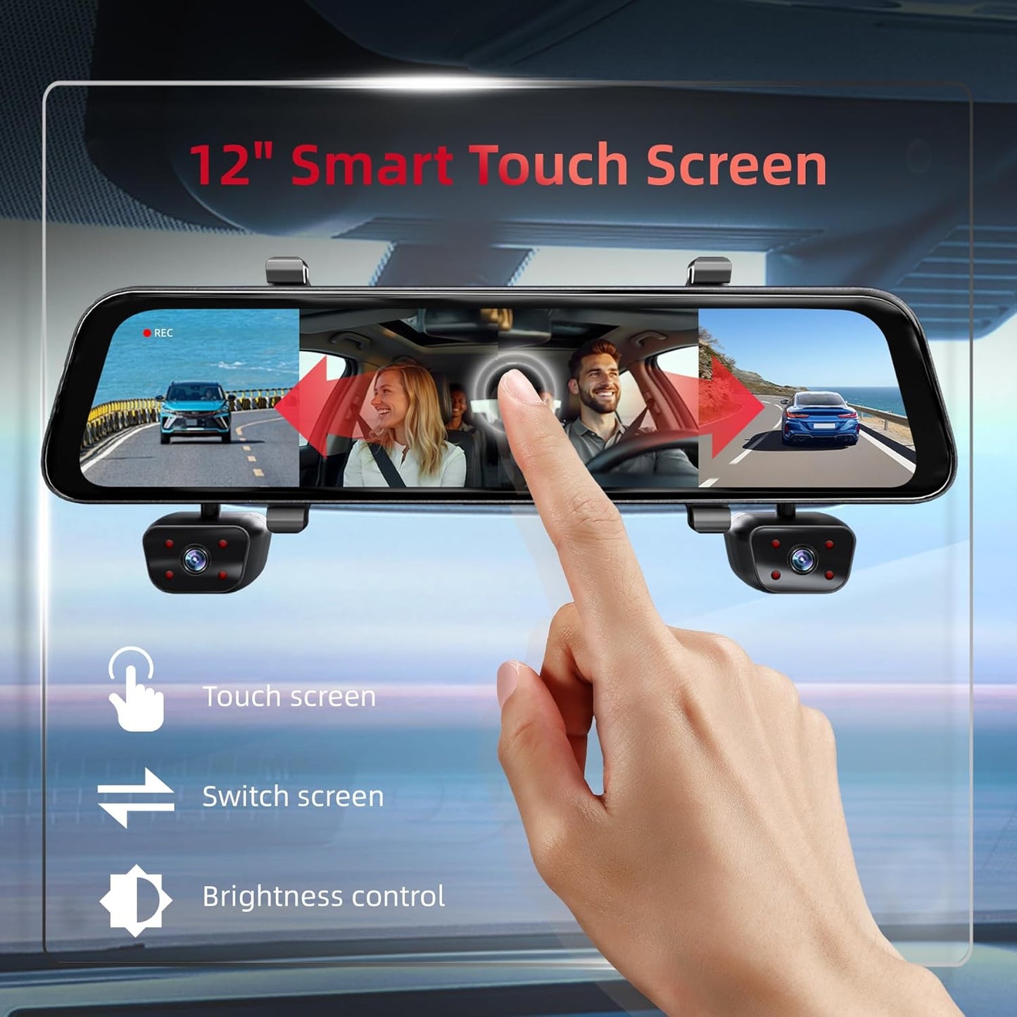 2025 Rearview Mirror Camera for Cars,12'' Mirror Dash Cam 4 Channel, 360 Dashcam Front Rear Inside,Touch Screen Backup Camera,IR Night Vision,WiFi,APP,GPS, 24/7 Recording Parking Monitor,Free 128GB SD
