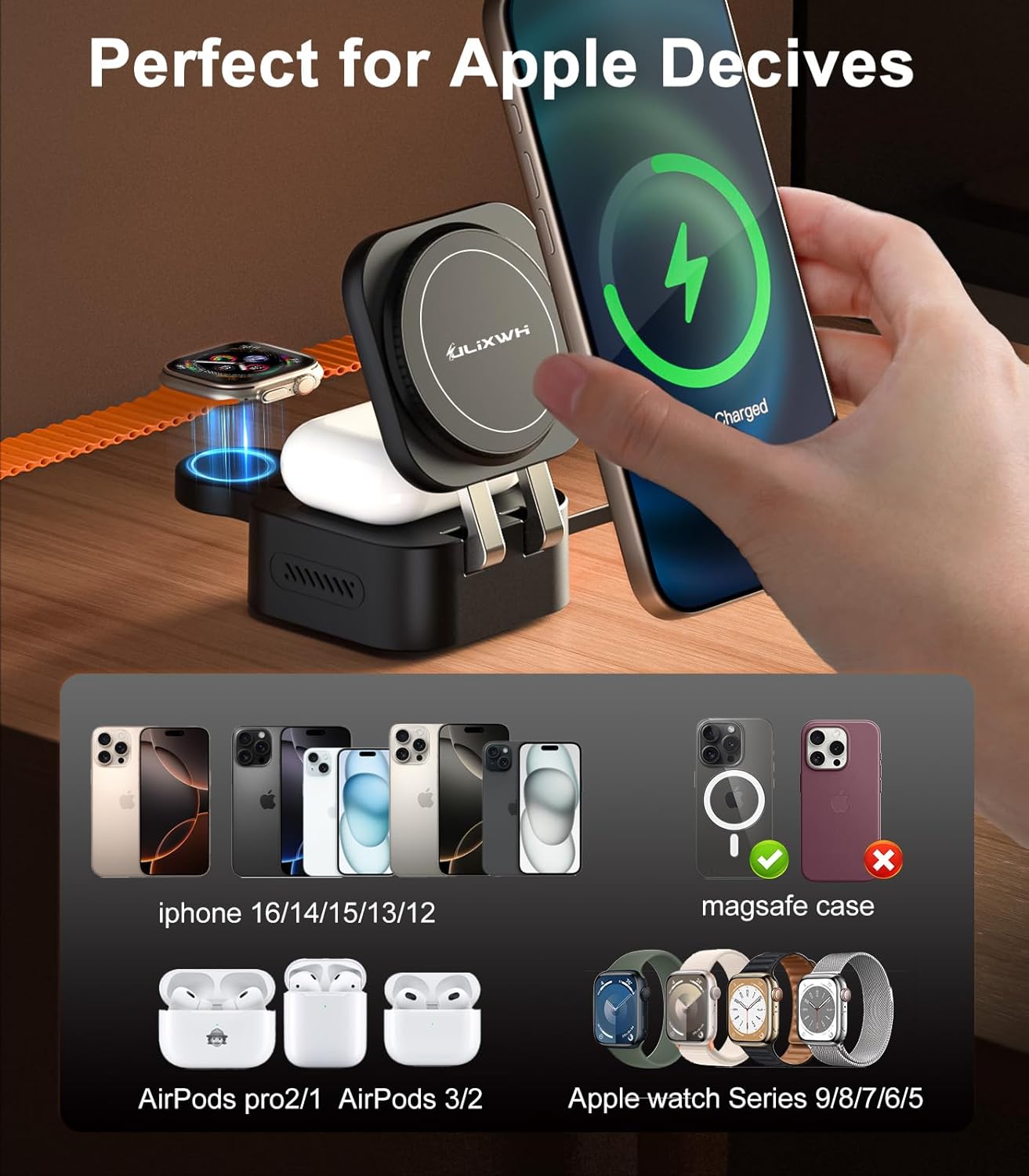 Retractable 3 in 1 Charging Station for Apple, 15W Fast for Magsafe Foldable Magnetic Wireless Charging Stand with Retractable Cable, for Travel, for iPhone 16/15/14/13, Apple Watch, AirPods