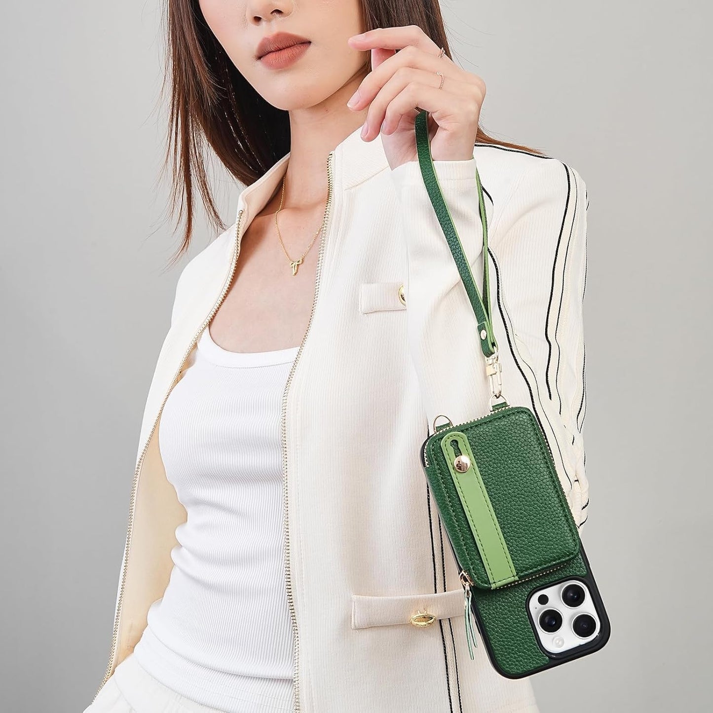 LAMEEKU for iPhone 15 Pro Max Wallet Case, Zipper Leather Card Slots Crossbody Case with Phone Grip Holder Stand Wrist Strap Lanyard for Women for iPhone 15 Pro Max 6.7 inch Dark Green