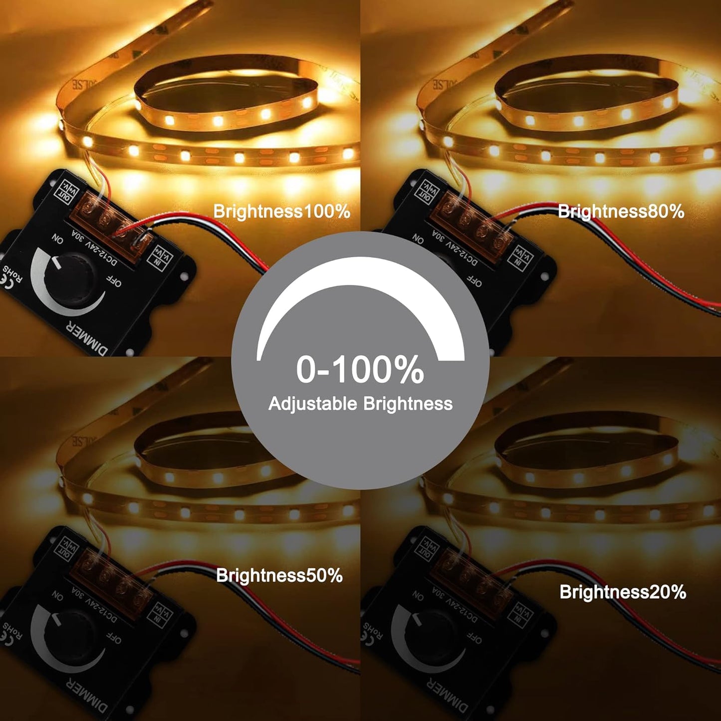 MEIRIYFA LED Light Strip Dimmer,DC 12V-24V 30A LED Light Strip Dimmer PWM Dimming Controller with ON/Off Switch Knob and Aluminum Case for 5050 3528 LED Strip Lights Adjust Brightness