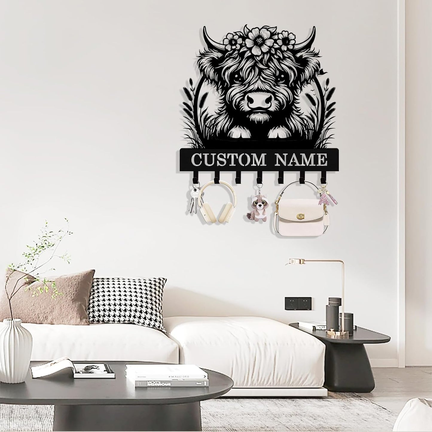 Personalized Highland Cow Key Holder Wall Mount, Custom Metal Key Rack Key Holder with Name, Deer Cabin Wall Keys Hanger with Hooks for Entryway, Front Door, Hallway, Kitchen, Living Room