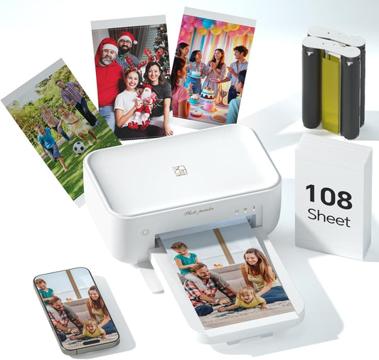 4x6 Photo Printer with 108 Sheets & 2 Color Ribbons - Dye Sublimation Wireless Portable Photo Printer for iPhone & Android Smartphones, Home & Travel Picture Printing, Ideal Gift, White