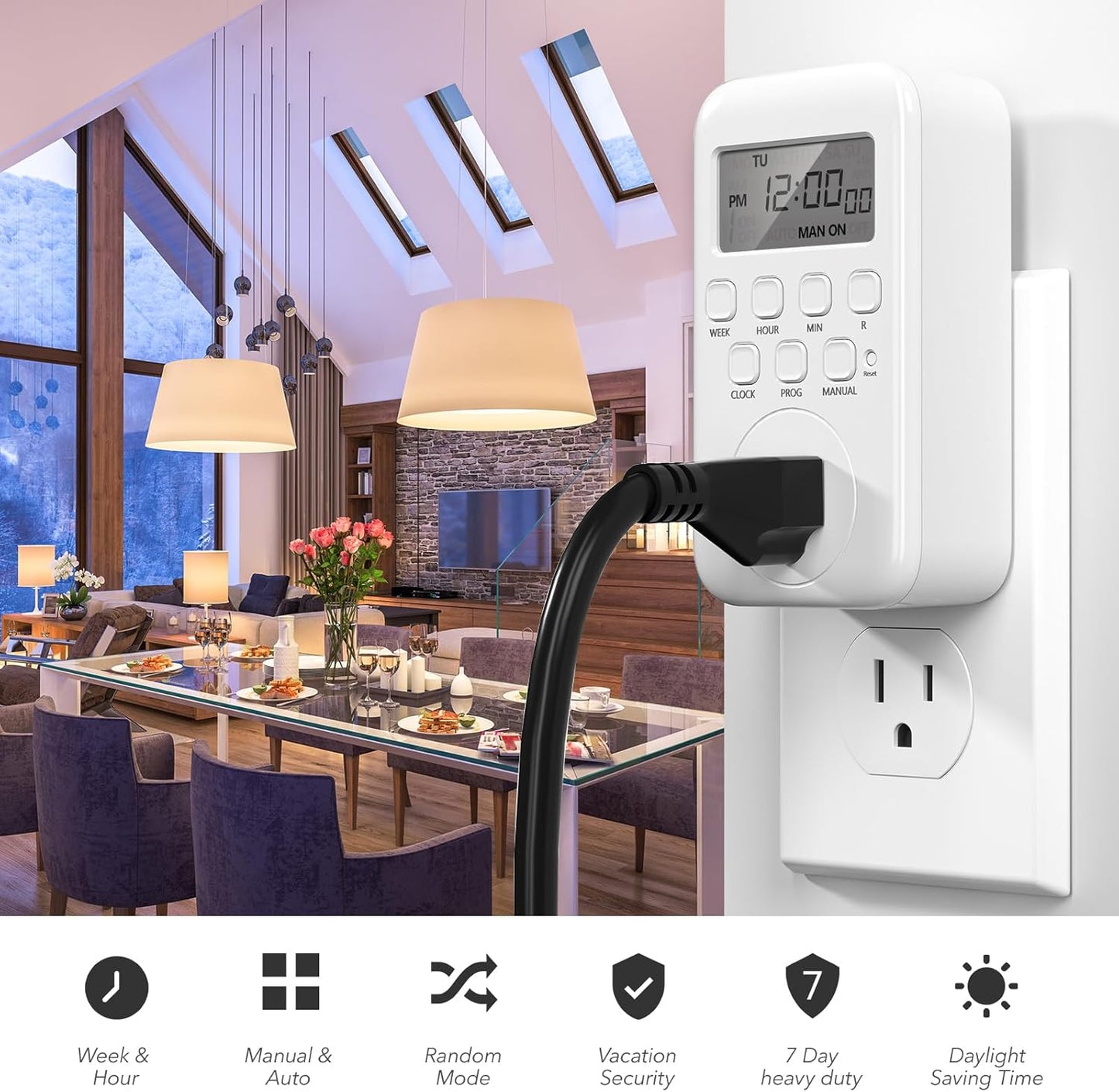 BN-LINK Salida de temporizador Digital, temporizador programable resistente de 7 días, programas de encendido/apagado de 3 clavijas a Tierra