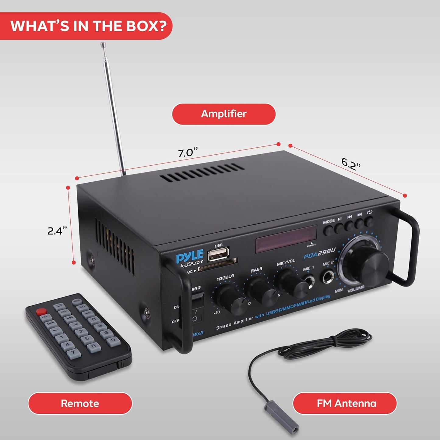 Pyle 200W Wireless Bluetooth Stereo Power Amplifier - 2-Channel Audio Receiver with RCA - USB - SD - MIC IN - FM Radio - Remote Control - AUX Input for Home Theater & Studio Use - PDA29BU.6
