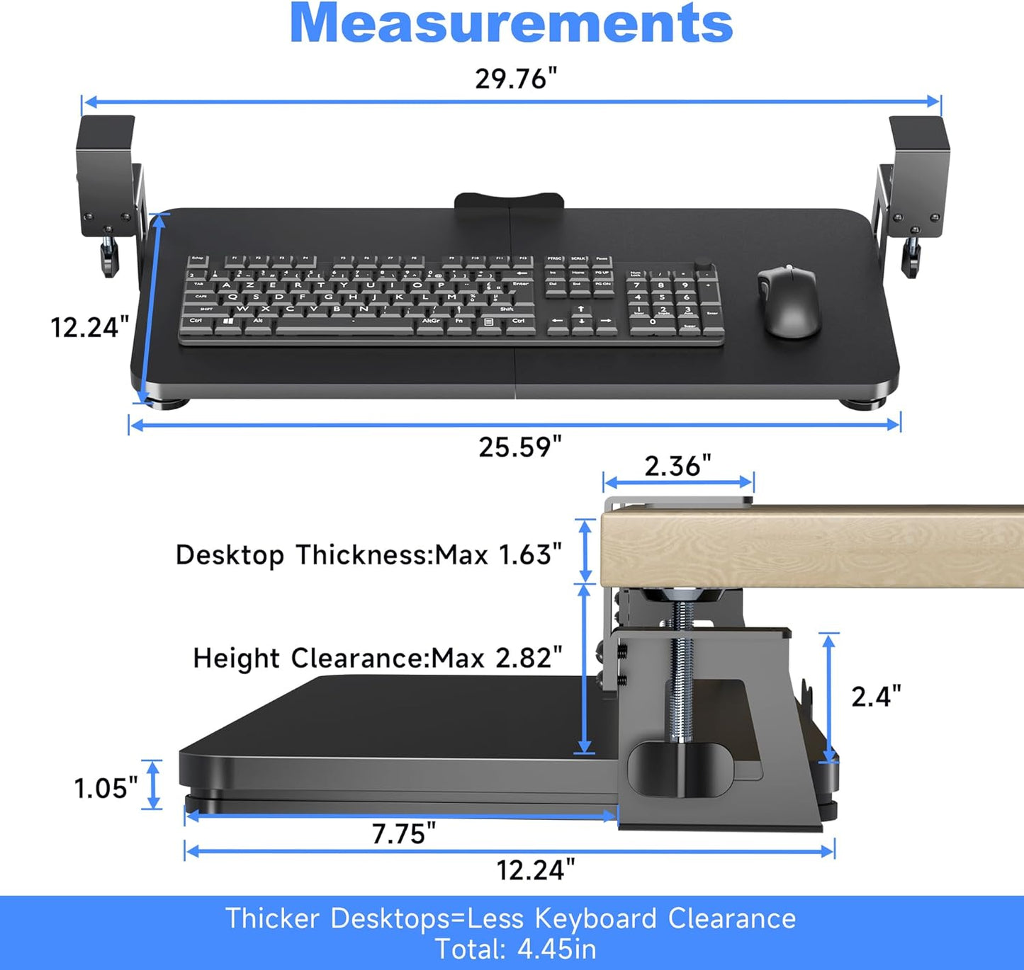 Keyboard Tray Under Desk Large C-Clamp 25.6” (30” Including Clamps) x 11.8” Slide-Out Platform Computer Drawer Pull Out Keyboard & Mouse Tray Black DSF4