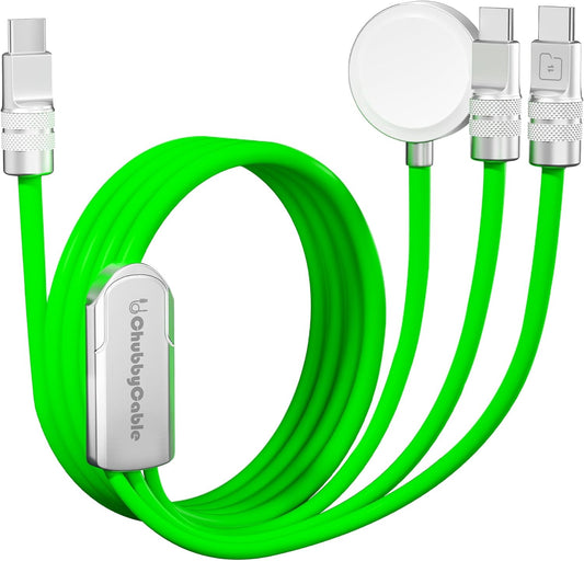 chubbycable Tri-Flex 3 in 1 USB C Cable for Apple Watch Charger Silicone 100W Multi Charging Cable Fast Charge Compatible with iPhone 16/15 Series iWatch iPad Airpods MacBook, 4.1FT, Green