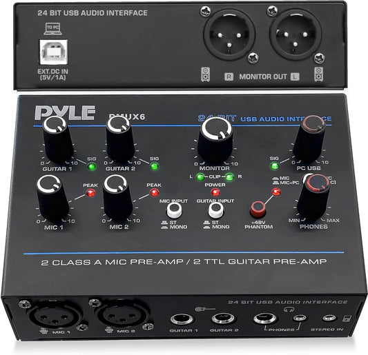 Pyle Professional USB Audio Interface with MIC, Guitar, AUX Stereo Inputs, Phone/Monitor Outputs, Ideal for Computer Playing & Recording, Compact Rugged Metal Housing - PMUX6