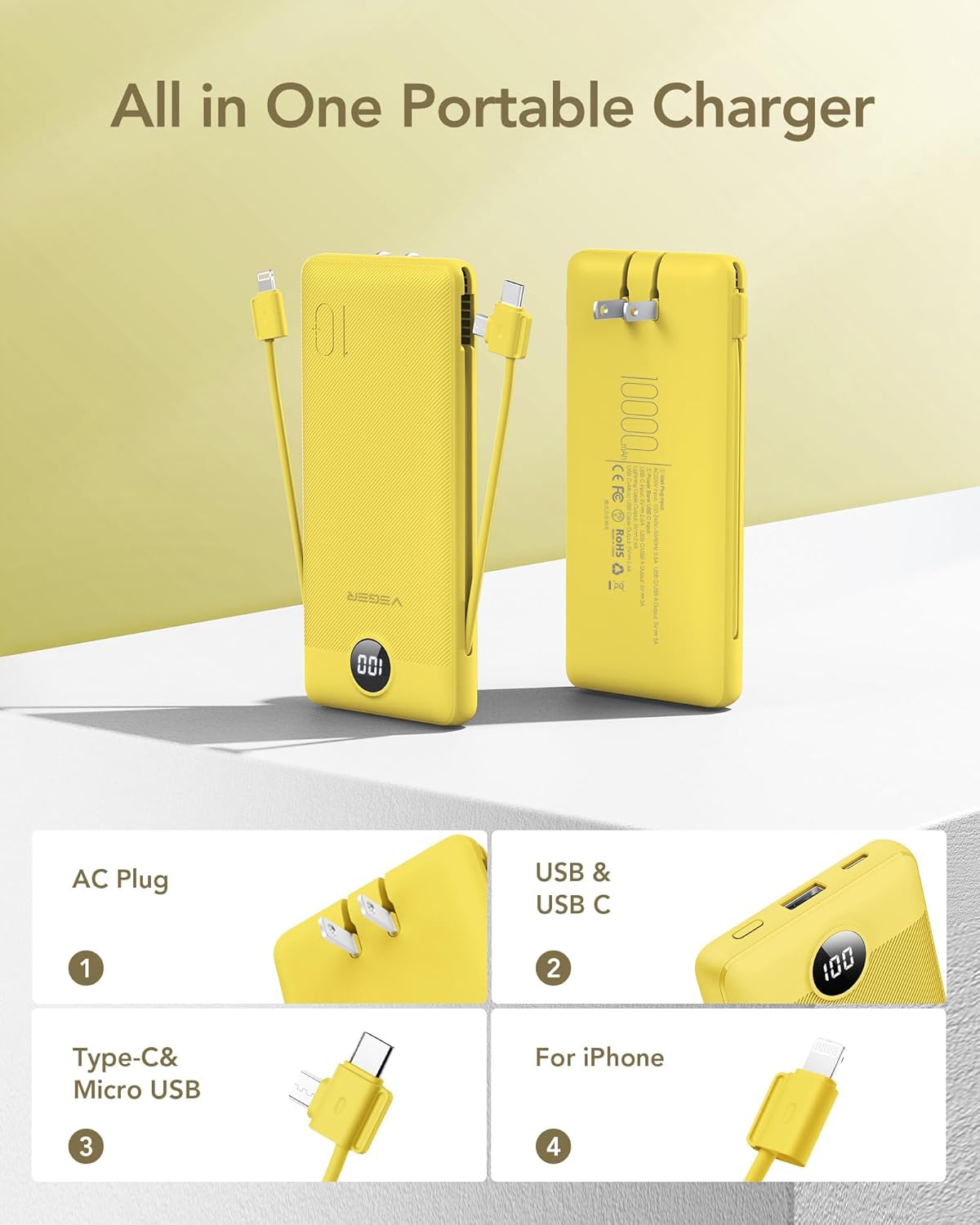 VEGER Portable Charger for iPhone with Built in Cables and Wall Plug, 10000mah Slim Fast Charging USB C Power Bank, Travel Essential Battery Pack Compatible with iPhone, iPad, Samsung etc(Yellow)