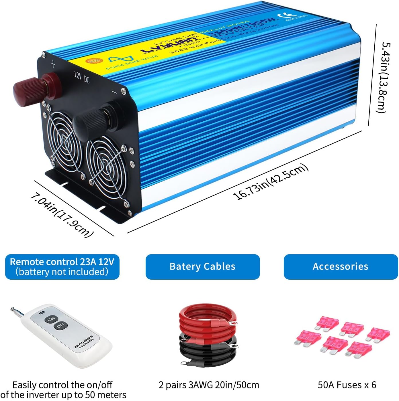 Yinleader 3500 Watt Pure Sine Wave Power Inverter 12V DC to 110V/120V AC Converter for Family RV Camping Boat Emergency/4 AC Outlets and LCD Display, Remote Controller