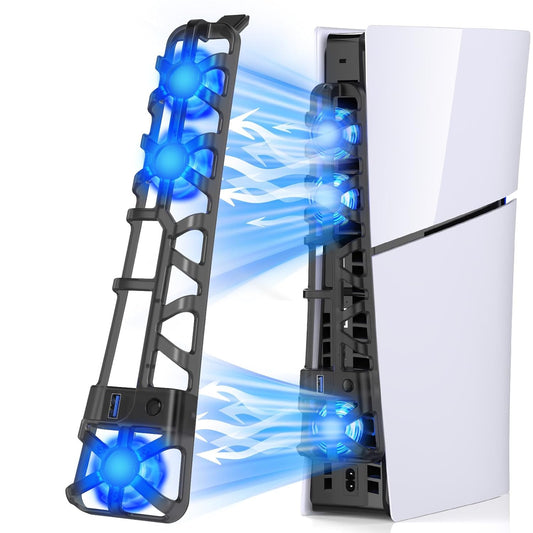 PS5 Slim Cooling Fan with LED Light, Adjustable Speed (3 Speeds Mode), USB 3.0 Port, Silent Enhanced Cooling Fan Compatible with PS5 Slim Disc & Digital -Black