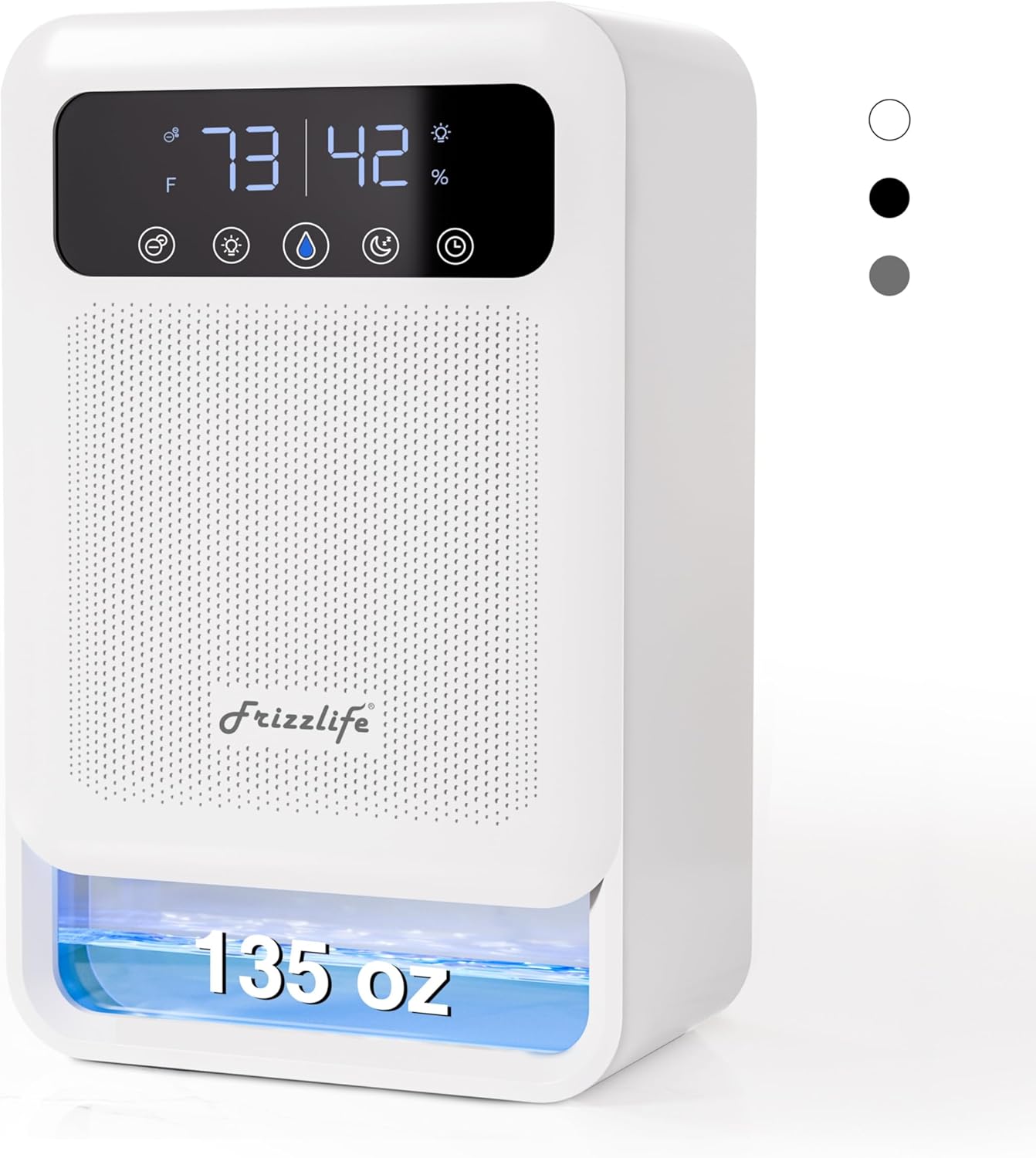 Frizzlife DH80 Air Dehumidifier, 135oz Water Tank W/Purifying Function, Quiet Small Dehumidifiers With Sleep Mode For Home, Bedroom, Bathroom, Basement W/Auto Shut Off, 7 Colors LED Light, White