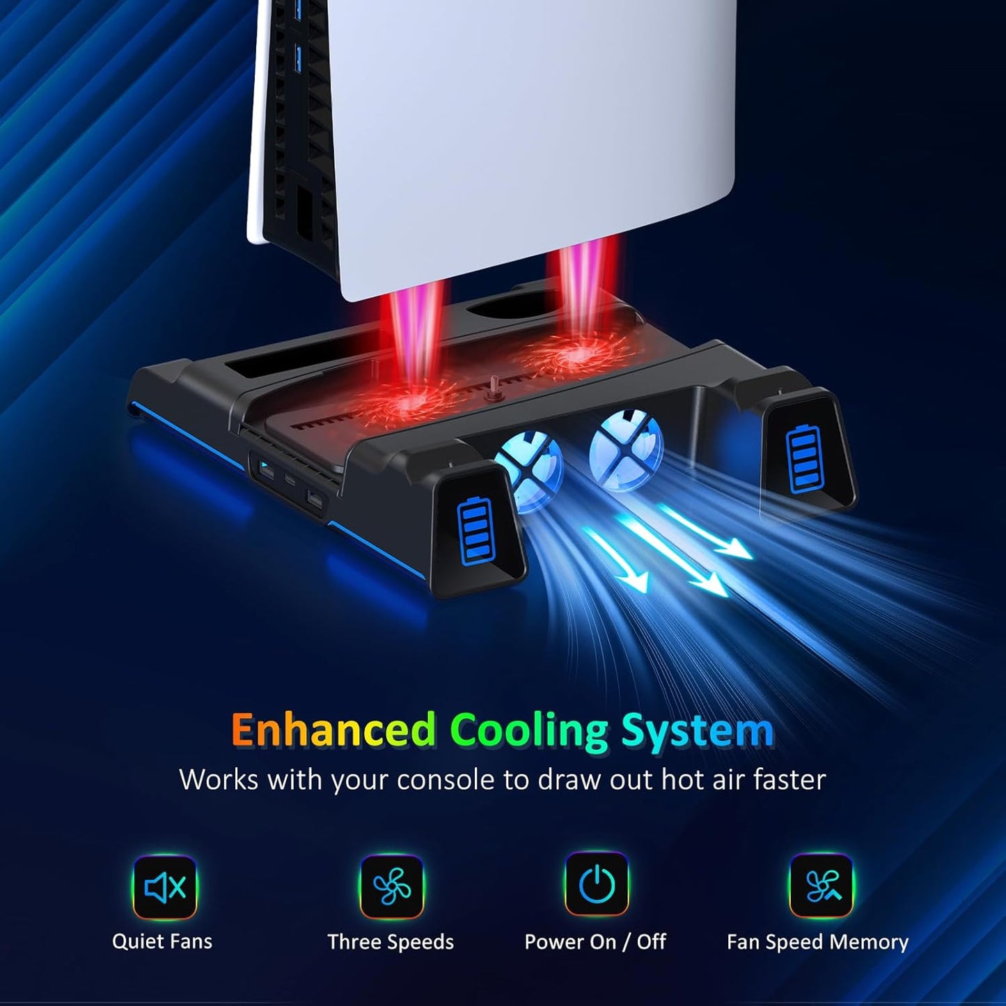 NexiGo PS5 Silent Cooling Stand for Both PS5 and New PS5 Slim Consoles, RGB LED Light, Dual Charging Station, Compatible with Dual_Sense Edge Controller, Hard Drive, Headset and Remote Holder, Black