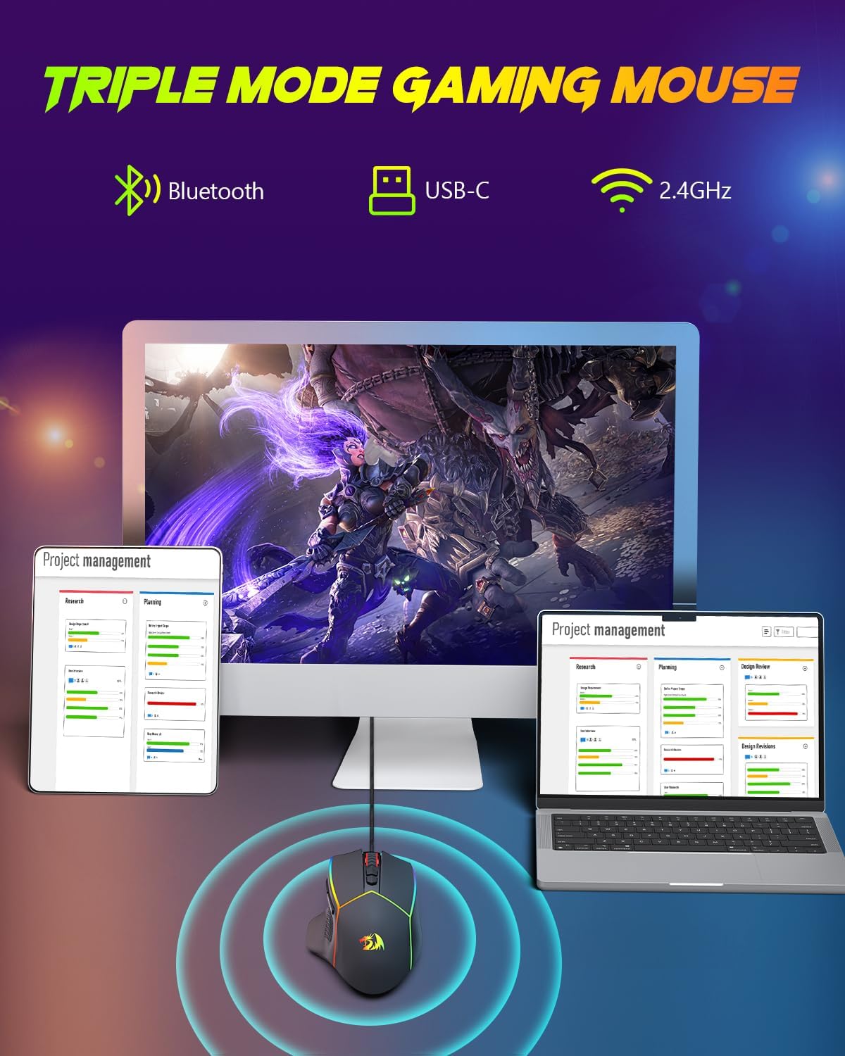 Redragon Wireless Gaming Mouse, Tri-Mode 2.4G/USB-C/Bluetooth Ergonomic Mouse Gaming, 8000 DPI, RGB Backlit Programmable Wireless Mouse, Rechargeable, 250 Hrs for Laptop PC Mac, M814