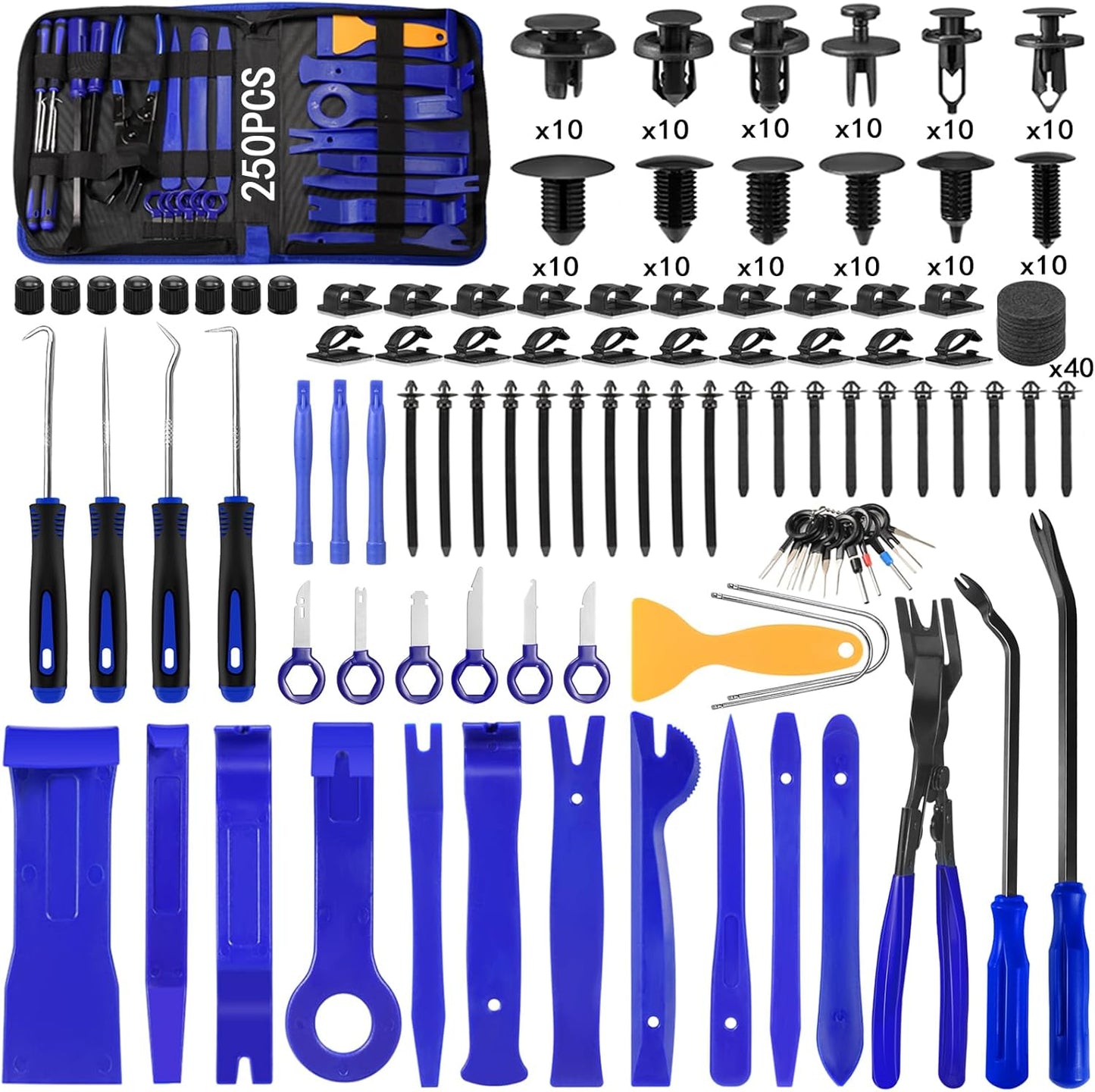 Trim Removal Tool Kit 250Pcs Car Removal Tool Kit Pry Tool Set Auto Clip Pliers Panel Door Radio Dash Window Bumper Adhesive Cable Clips Retainer Clip Set Terminal Removal Tool Set Fastener Remover