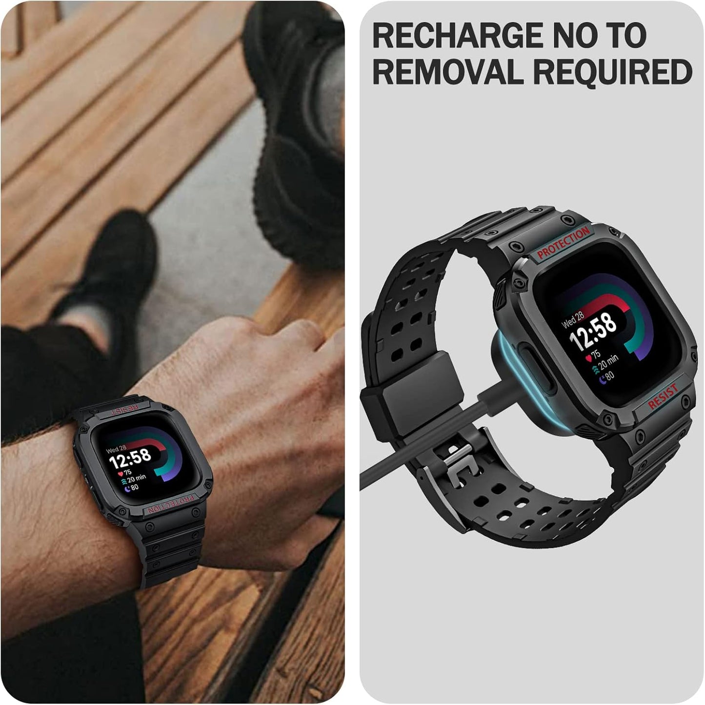 FINTIE Bands with Case Compatible with Fitbit Versa 4/3/2/1/Versa Lite/Fitbit Sense 2/Sense, Protective Case Strap Rugged Sport Band Men, Black