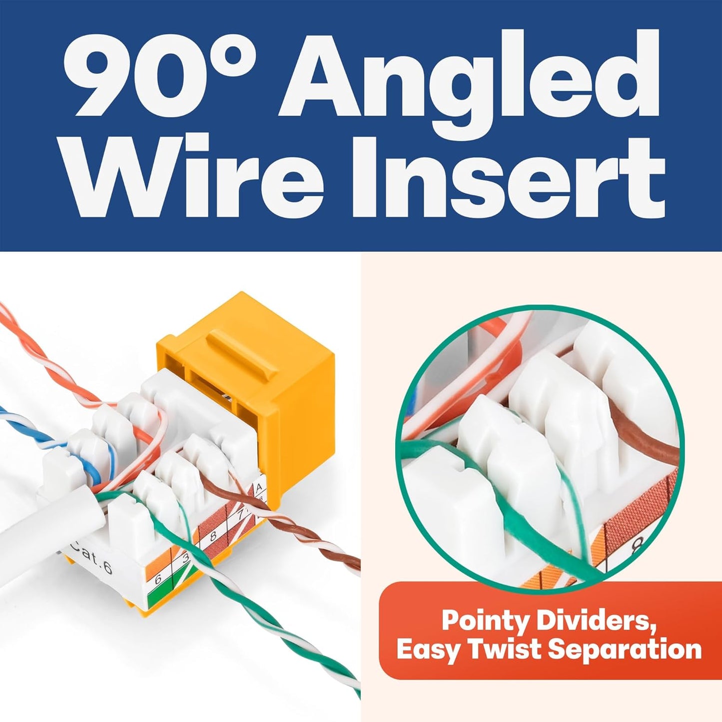 Everest 90° Angled RJ45 Cat6 Keystone Jacks 10-Pack in Yellow - Slim Profile Female RJ45 Connectors - Cat 6 Keystone Jack - Compatible with 90° Angled Speed Termination Tool - easyJACK (B094WB91H3)