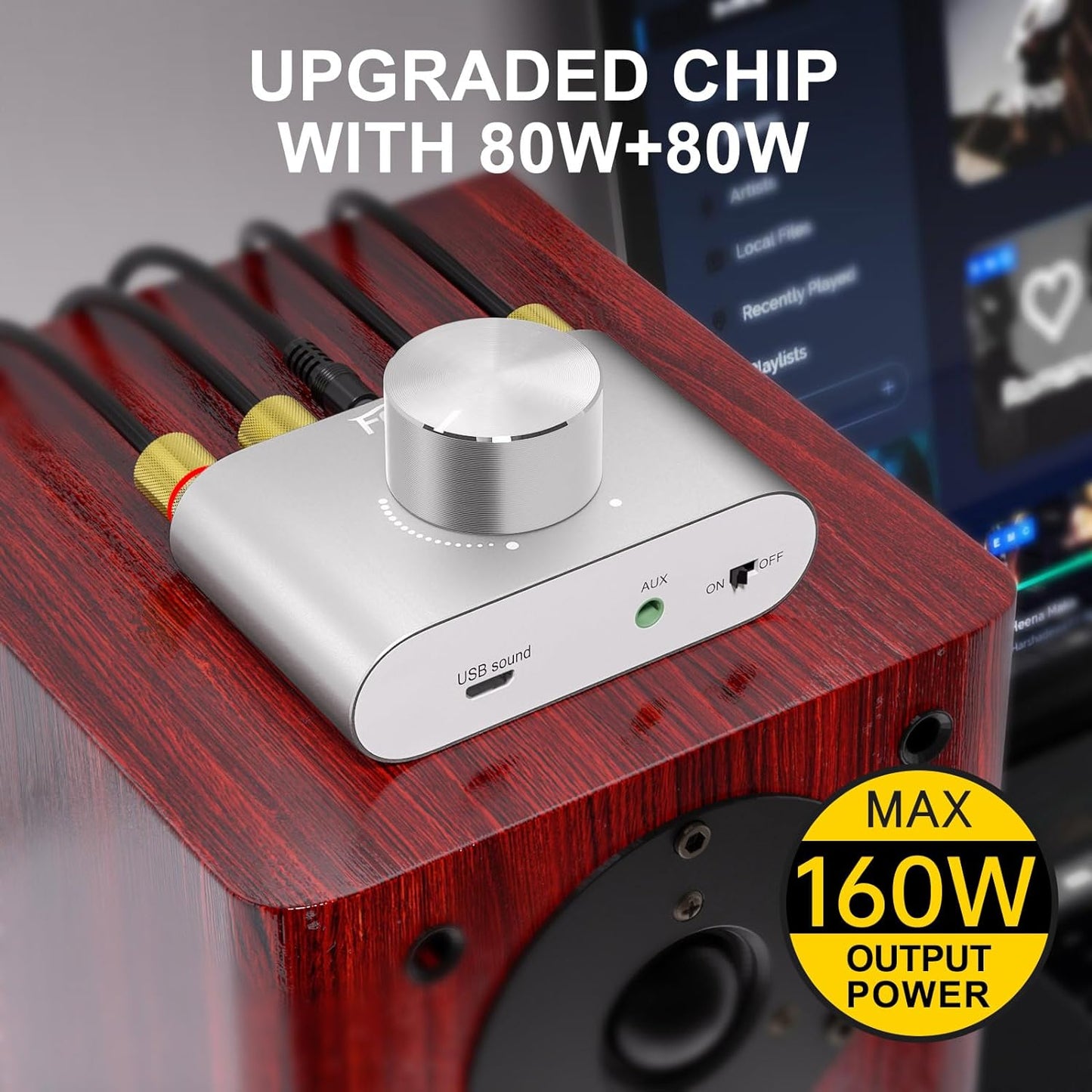 Facmogu F900S 160W Bluetooth 5.0 Mini Amplifier, 80Wx2 2.0CH Audio Power Amplifier, Hi-Fi Stereo Sound Digital Amp Wireless Speaker Amp Receiver w/AUX/USB/BT Input & 12V 5A Power Adapter - Silver