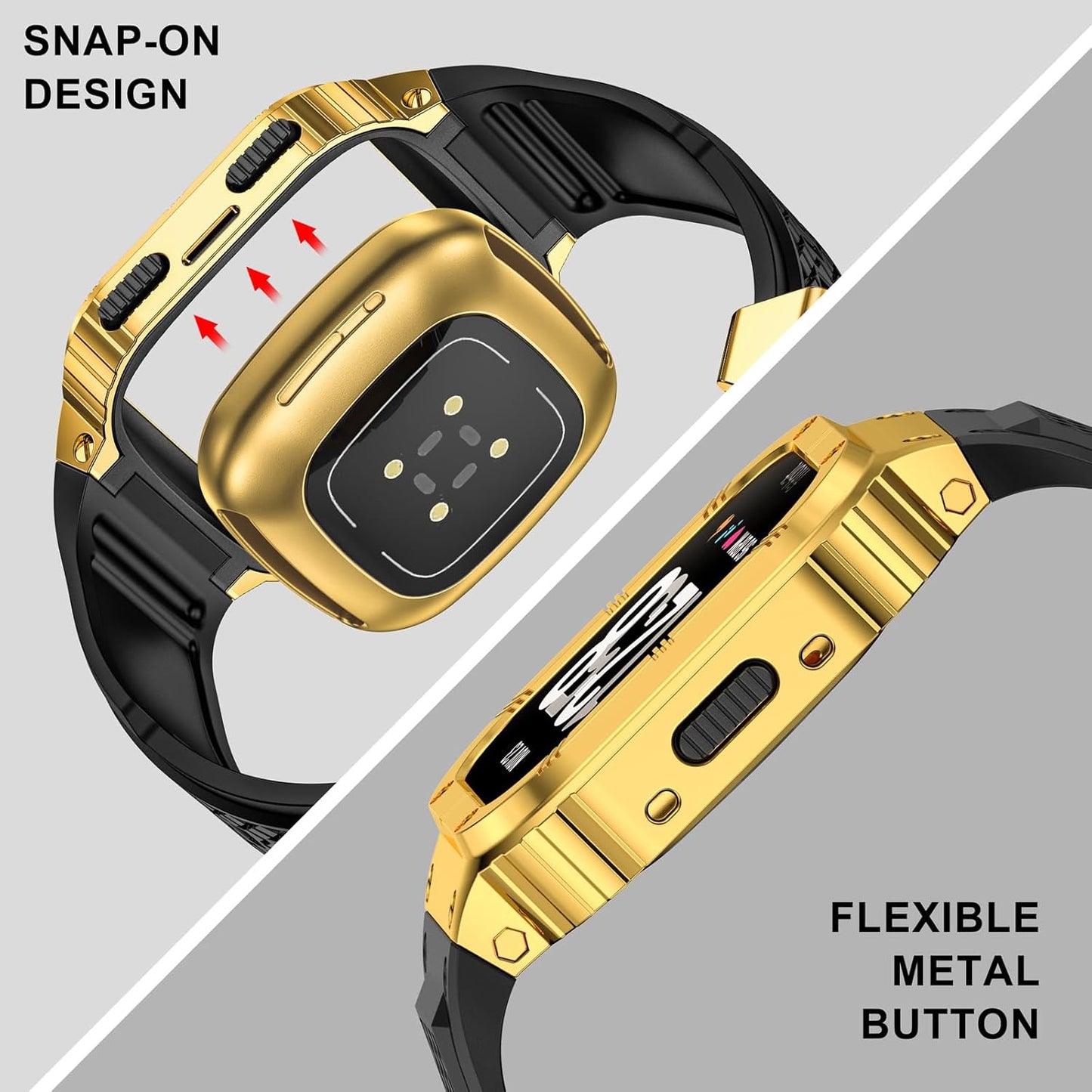 MioHHR Stainless Steel Case and Band Compatible with Fitbit Versa 4/3/2/Lite/Sense/Sense 2 Bands with Metal Case, Rugged Sports Protector Cover Silicone Wristbands for Men, Gold