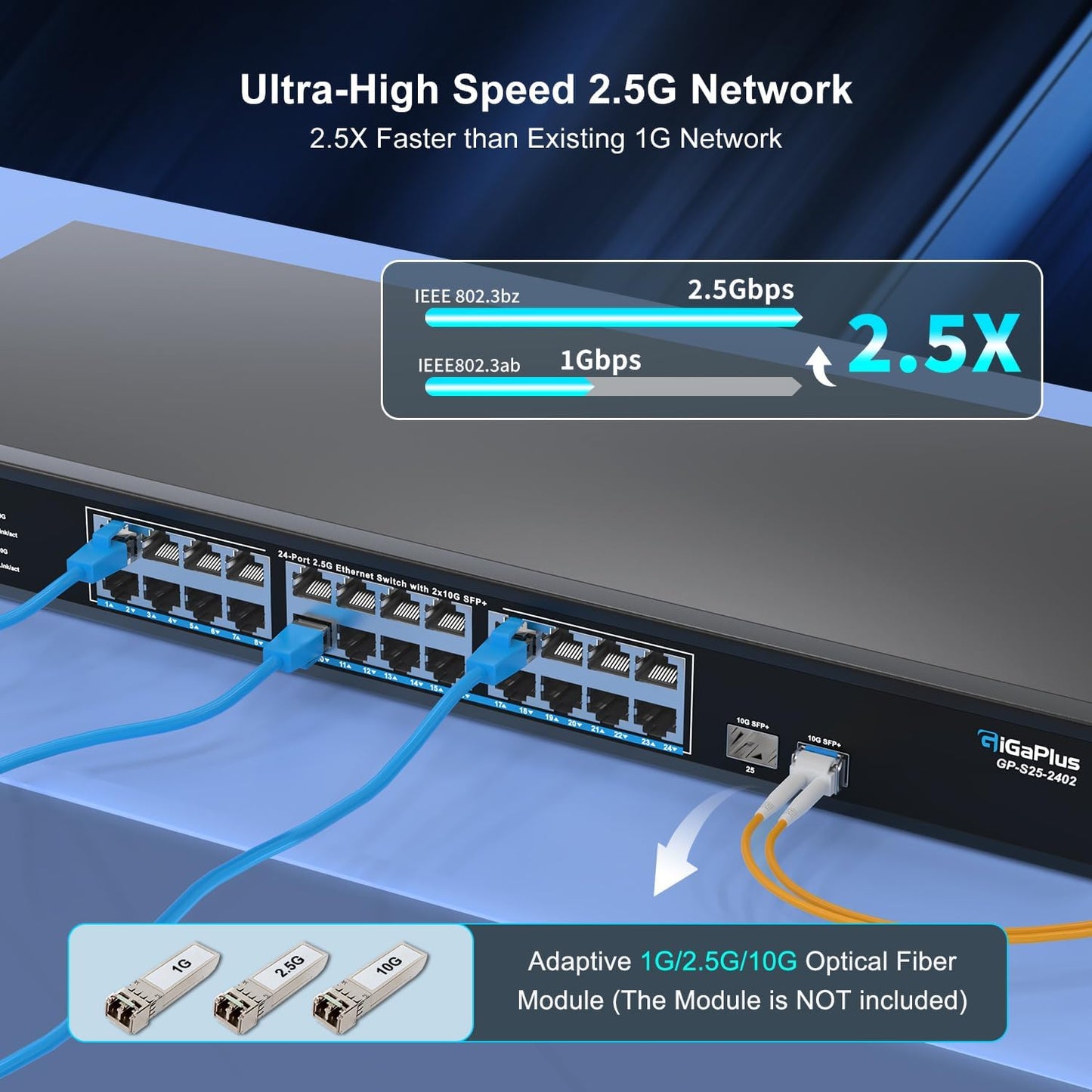 26 Port 2.5Gb Unmanaged Ethernet Switch with 24* 2.5G Base-T Ports, 2* 10G SFP+ Ports. GiGaPlus 2.5Gbps Network Switch for 2.5Gbps NAS/PC, WiFi6 Router, Wireless AP. Fanless Design, Plug and Play