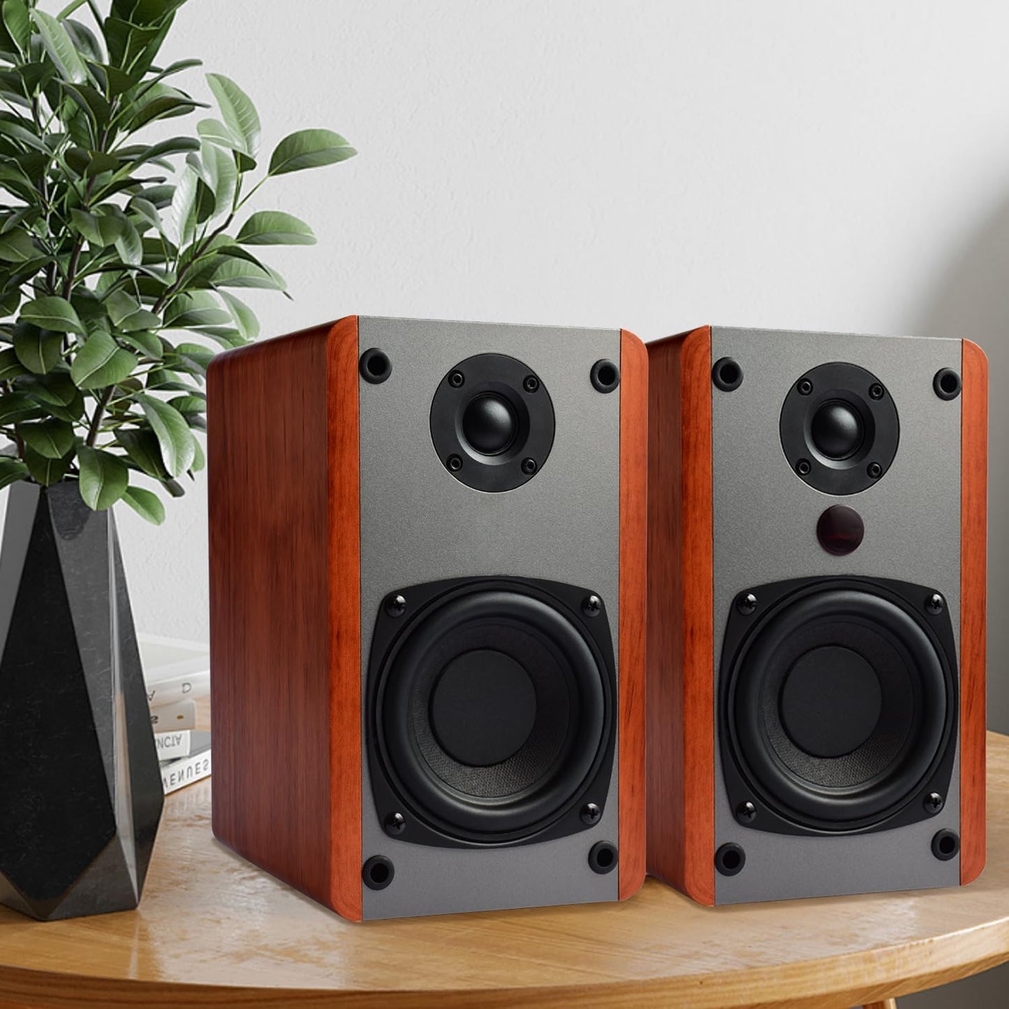 SINGING WOOD BT25 (2024 Version) Bluetooth Active Bookshelf Speakers for with Optical Aux inputs Subwoofer Line Out for PC, TVs, Turntable, Wooden Enclosure,80W - Cherry Wood