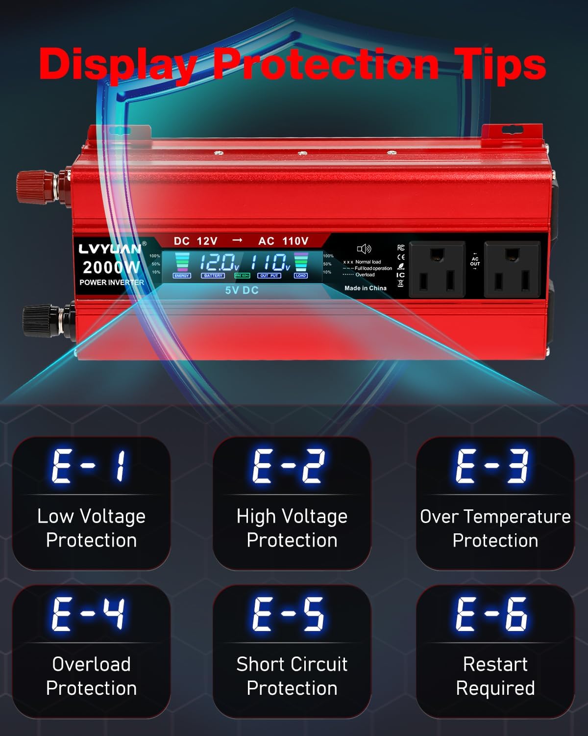 LVYUAN 1000W Car Power Inverter 12V to 110V DC to AC with 4 US Sockets, Cigarette Lighter, LCD Display, USB Ports for Car, Home,Outdoor, Camping
