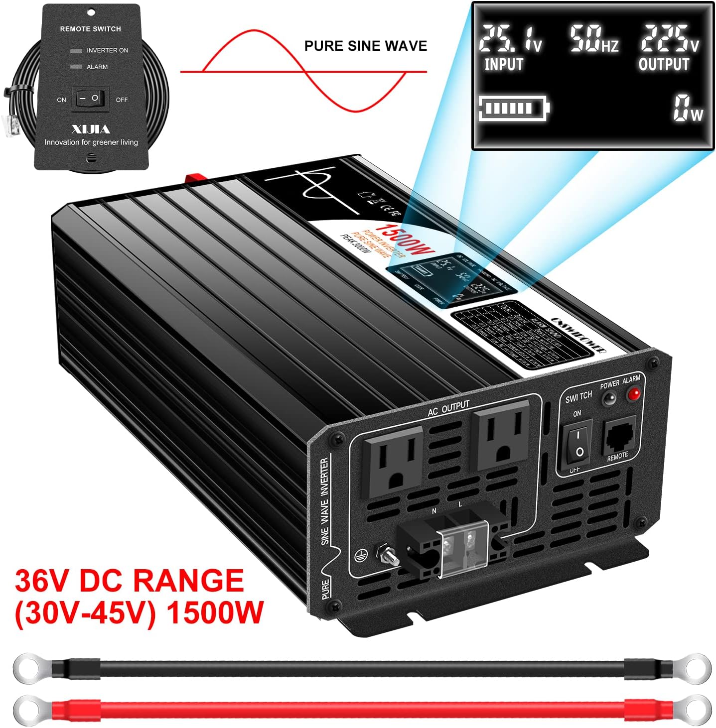 Xijia 1500W (Peak Power 3000W) Pure Sine Wave Inverter DC 36v to 120v Inverter 60HZ Solar Converter for Home Use,RV, Camping, Boat,Outdoor (DC36V (Range 30V-45V) 1500W)