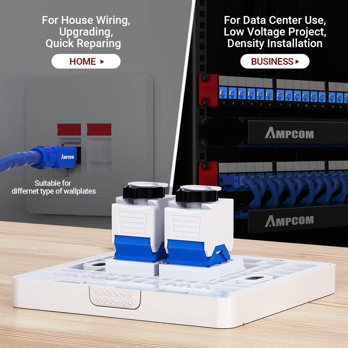 AMPCOM CAT6 RJ45 Keystone Jack - Reusable UTP Ethernet Wall Jack with Adjustable Ratchet Lock Design, No Tool and Zip Tie Required - 50u Gold Plated - Blue (12-Pack)