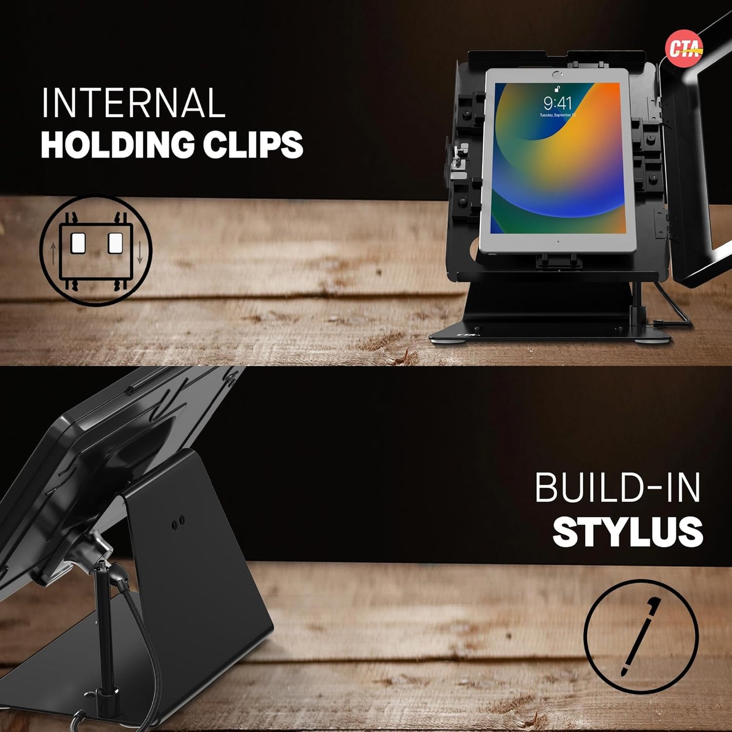 Desktop Anti-Theft Stand – CTA Kiosk Stand with Stylus, Tether, and Aluminum Enclosure for iPad 11th Gen A16 11” - 10th Gen 10.9” - Air 4th & 5th Gen - 11” Pro & More - Black (PAD-DASB109)