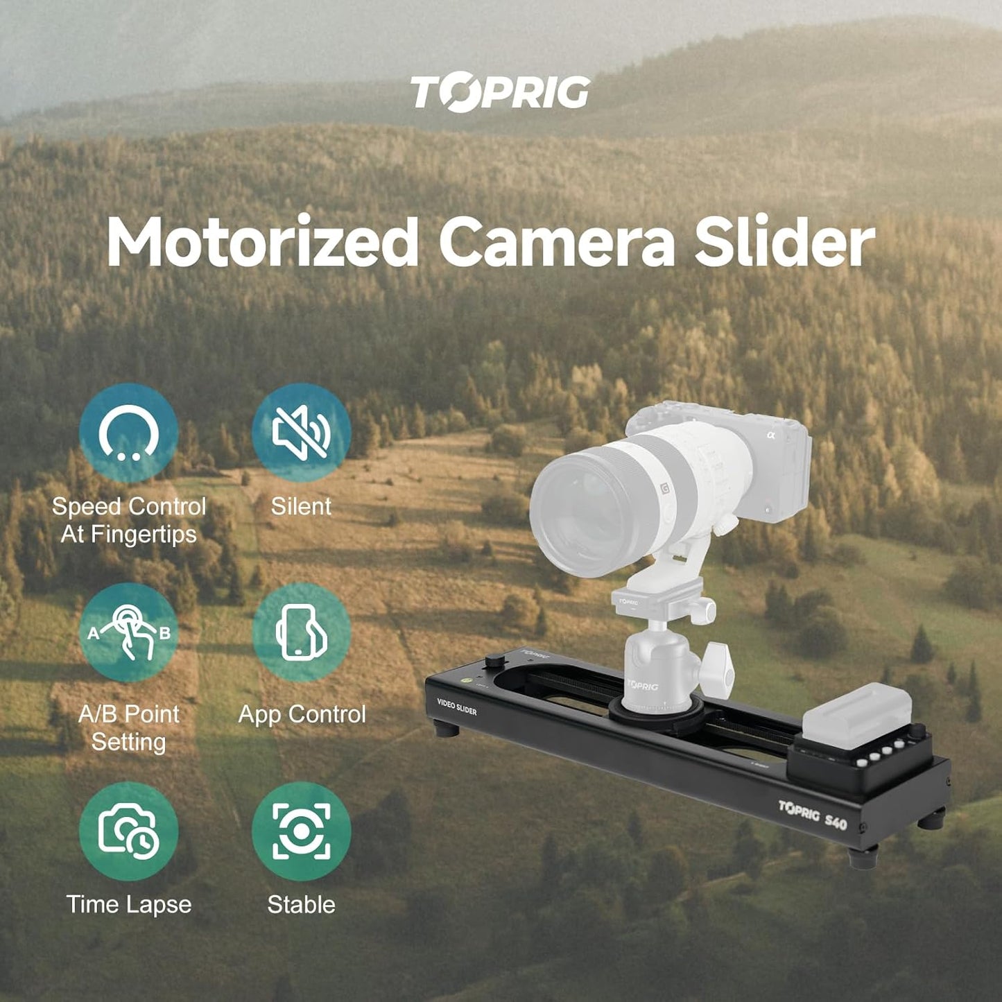Accsoon Toprig 16inch/40cm Motorized Camera Slider, Button/APP Control Dolly Rail Slider, Speed Adjust/Time-Lapse/120° Panoramic Shooting/Loop Mode, Compatible with DSLR Camera, Gopro, Camcorder (S40)