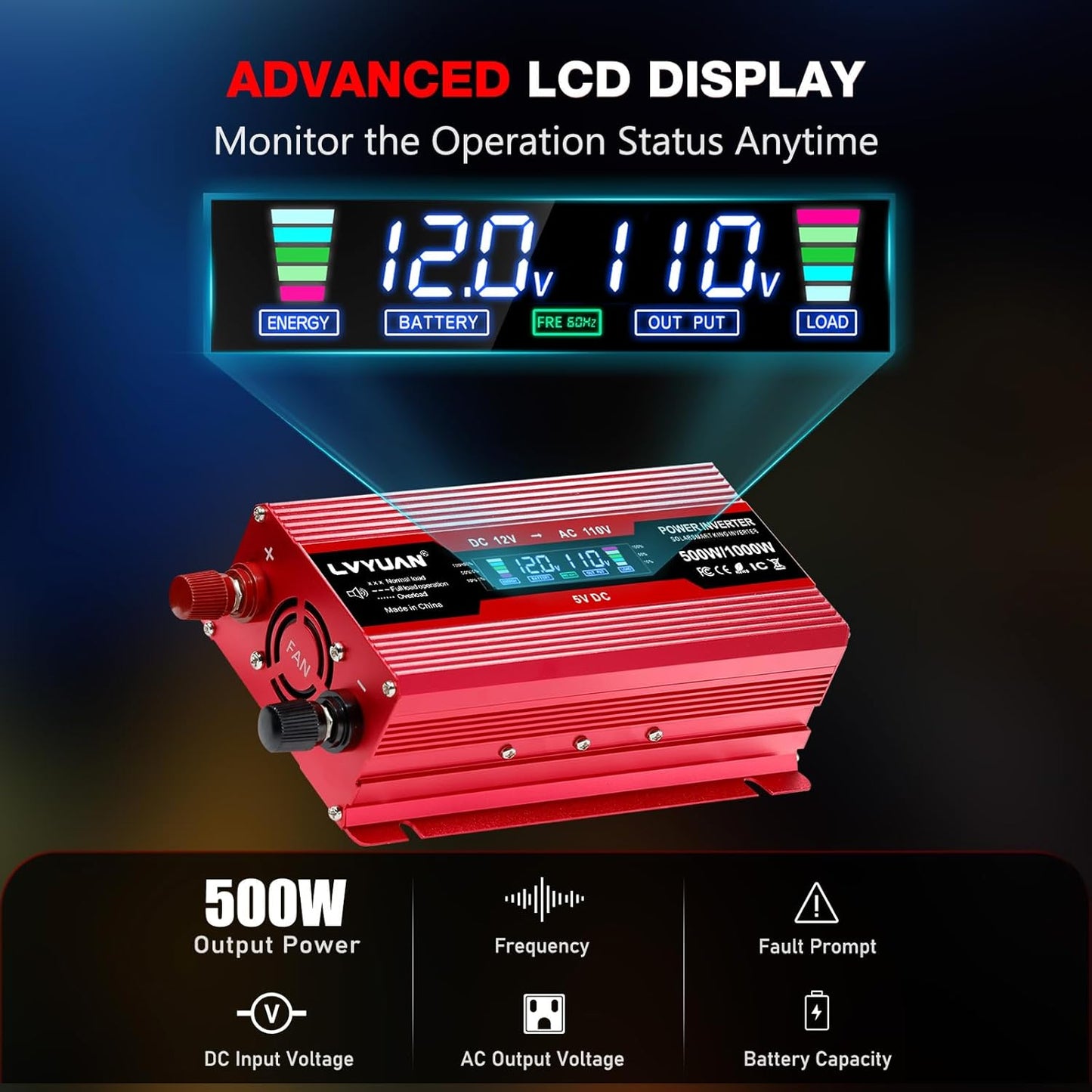 LVYUAN 500W Car Power Inverter 12V to 110V DC to AC with 2 US Sockets, Cigarette Lighter, LCD Display, USB Ports for Car, Home,Outdoor, Camping