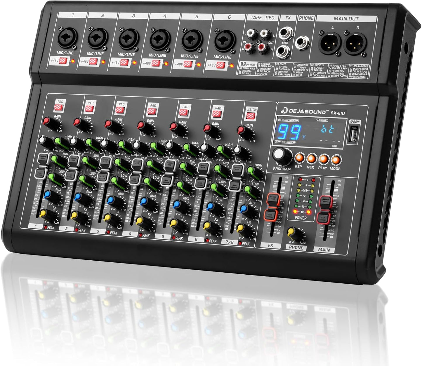 8-Channel Audio Mixer for PC,SX-8iu Mixing Console with XLR Inputs, Bluetooth, 99 Digital Signal Processor Effects, USB Interface, MP3 Compatible for Podcast, Music, Recording 9.84"x2.17"x15.35"inches