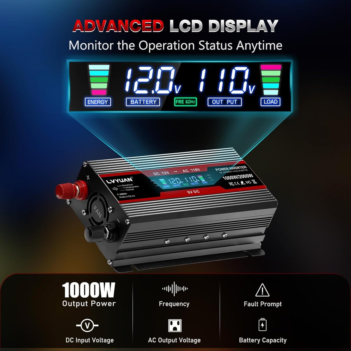 LVYUAN 1000W Car Power Inverter 12V to 110V DC to AC with 2 US Sockets, Cigarette Lighter, LCD Display, USB Ports for Car, Home,Outdoor, Camping