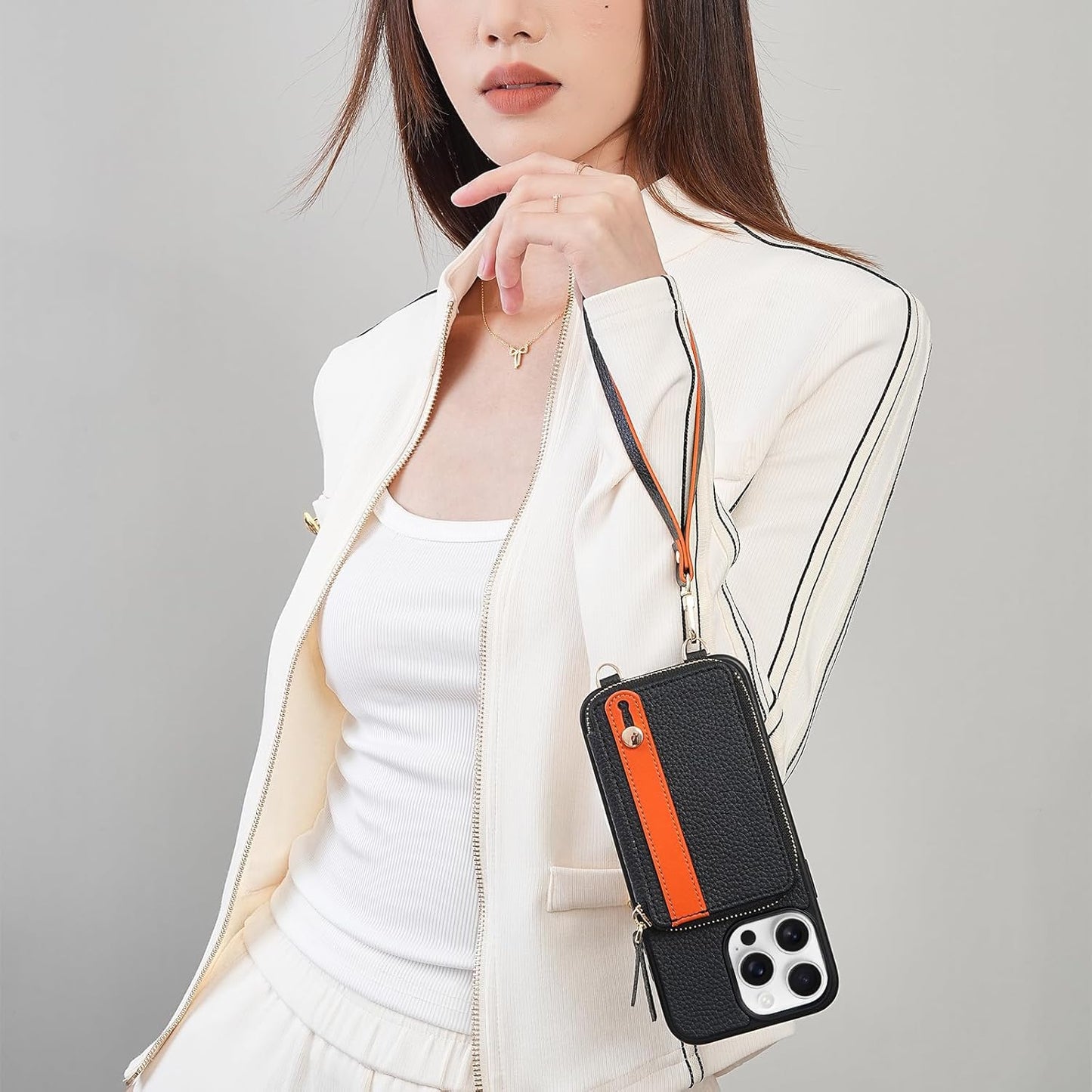 LAMEEKU for iPhone 15 Pro Wallet Case with Card Holder, Zipper Leather Crossbody Case with Kickstand Wrist Strap Lanyard for Women, Protective Cover with Phone Grip Holder Stand 5G 6.1 inch Black