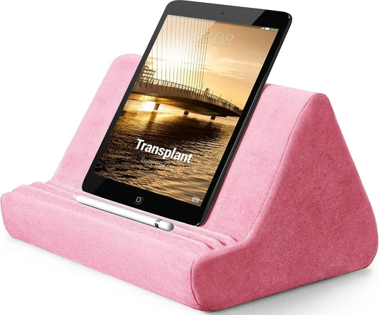 Soft Tablet Stand Pillow with Pocket,Adjustable 3 Viewing Angle,Lazy Holder for Bed Sofa,Compatible with iPads Tablets eReaders Smartphones Books Magazines (Light Pink)
