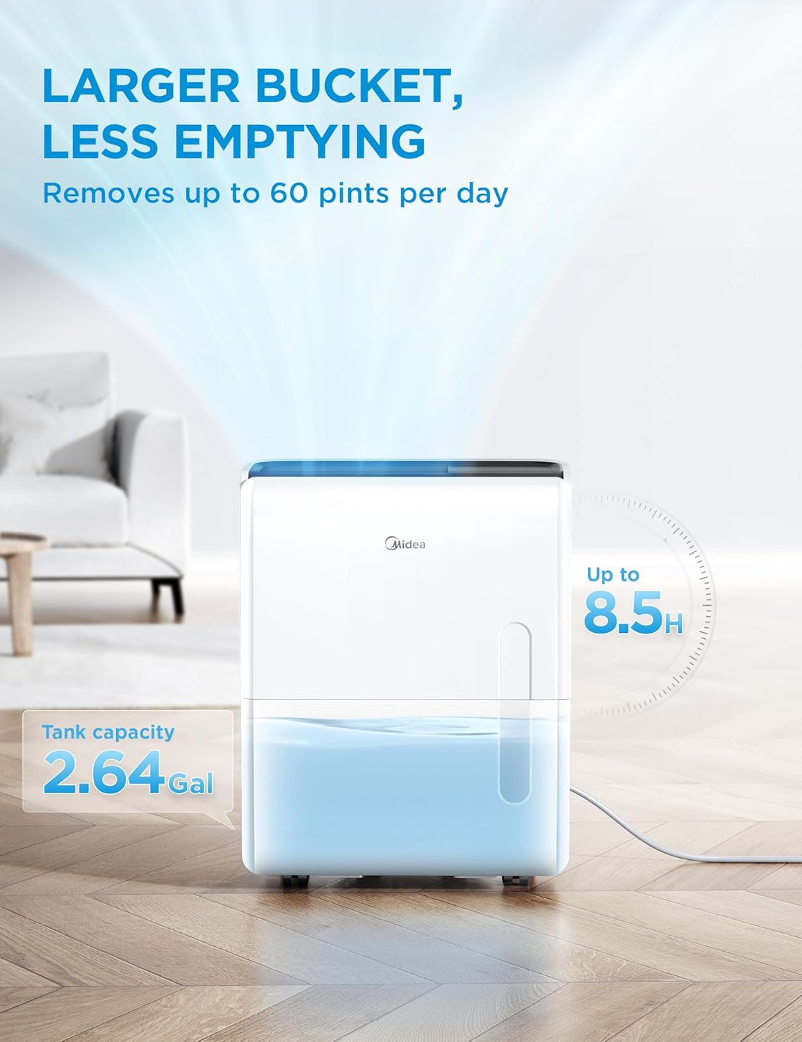Midea 5,500 Sq. Ft Dehumidifier for Basement, 60 Pint dehumidifier with pump, APP & Alexa Smart Control, 2.64 Gallon Water Tank, Intelligent Humidity Control, Ideal for Home, Basement, Garage